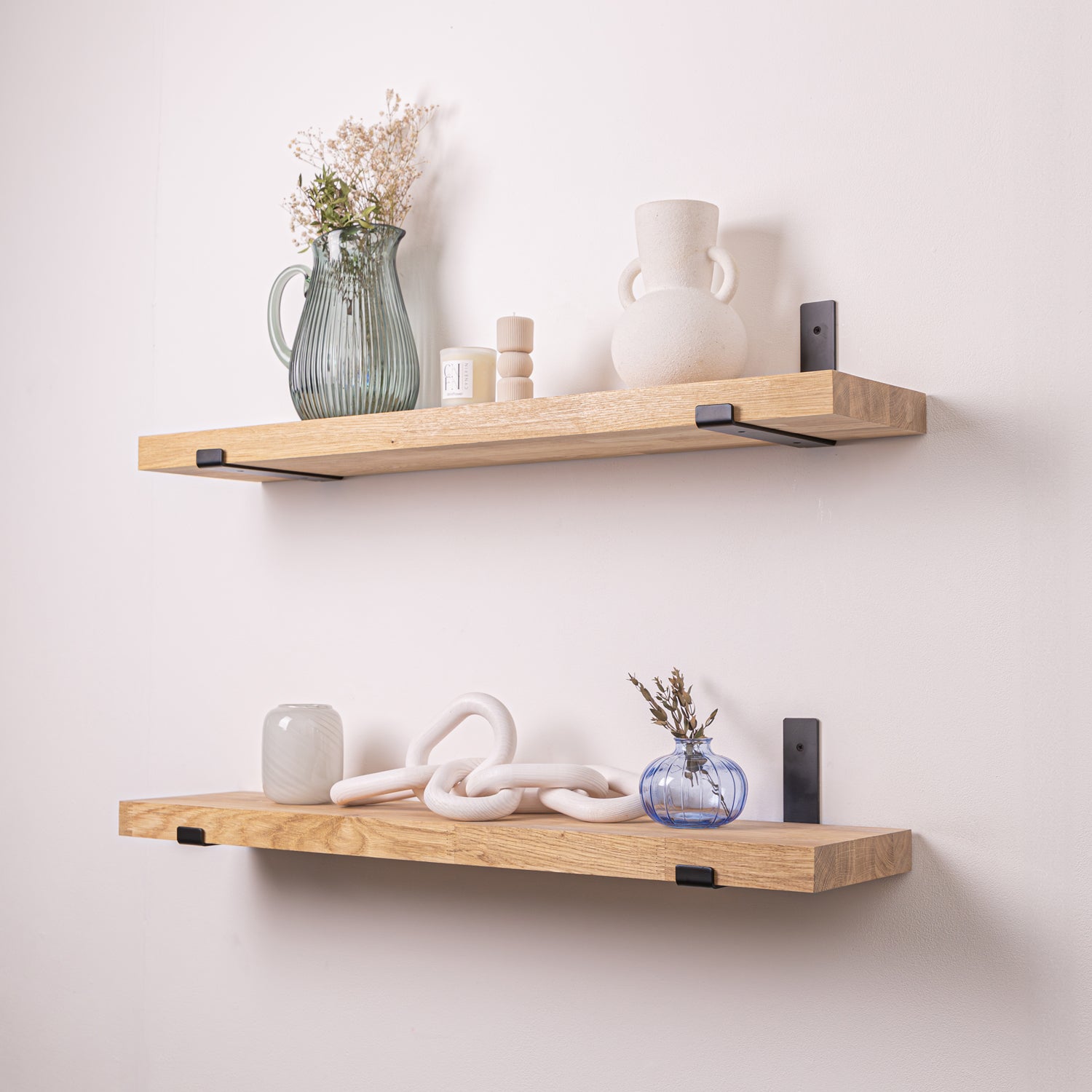 Solid Oak Wall Shelf (Sanded) - 40mm thick with Black Up-Style Scaffolding Brackets