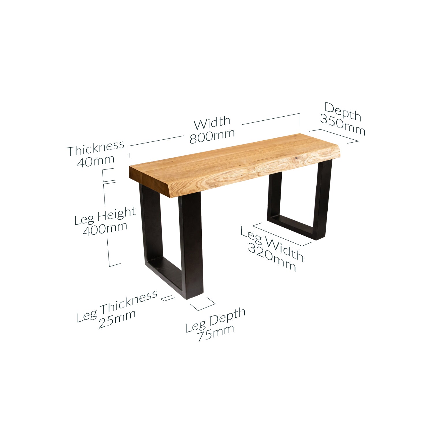Solid Oak Waney Edge Wood Bench with Metal Legs