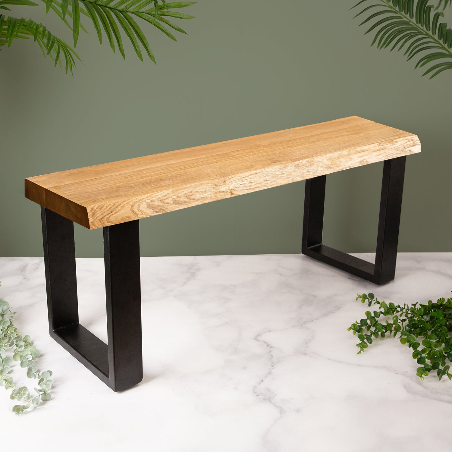 Solid Oak Waney Edge Wood Bench with Metal Legs | 1100mm x 350mm