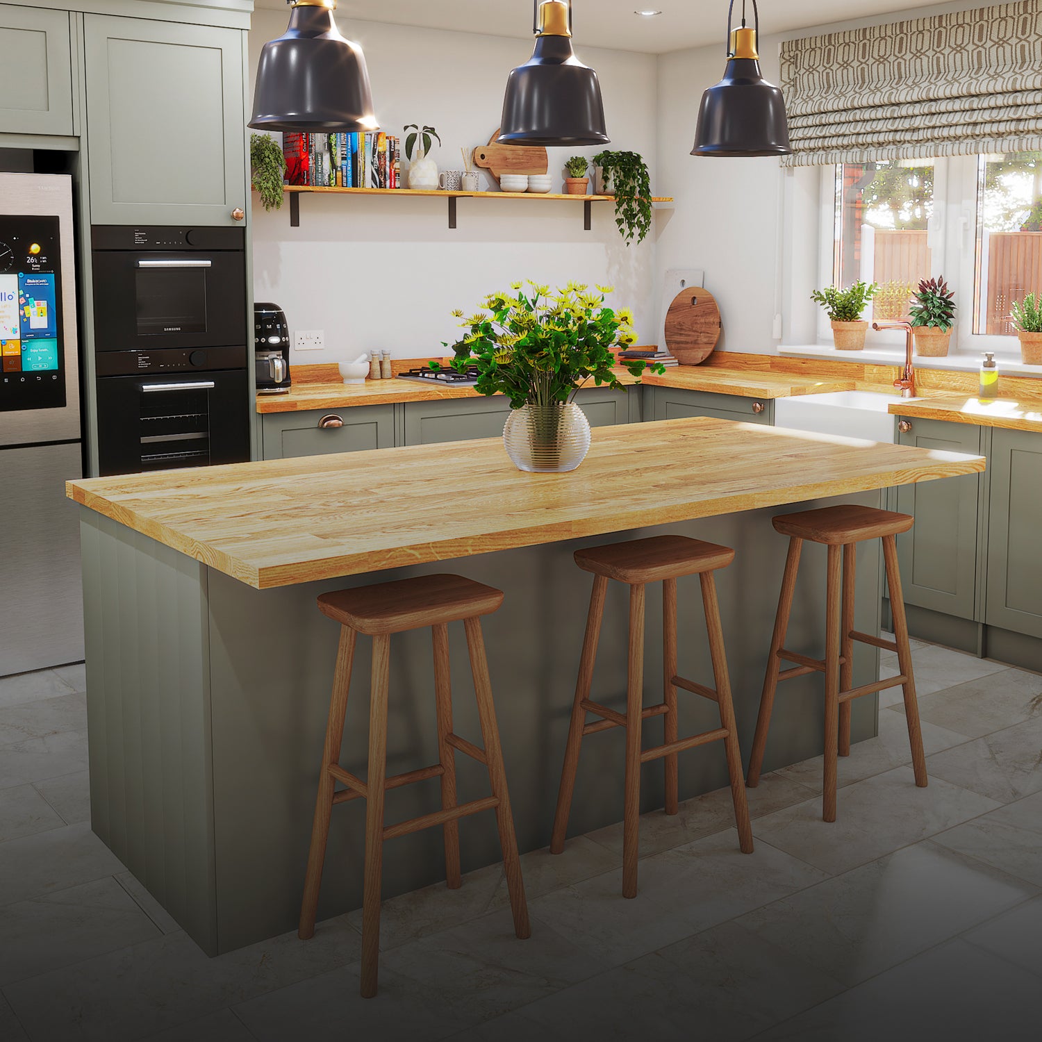 Kitchen with solid oak wooden island and stools, featuring a vase of flowers.
