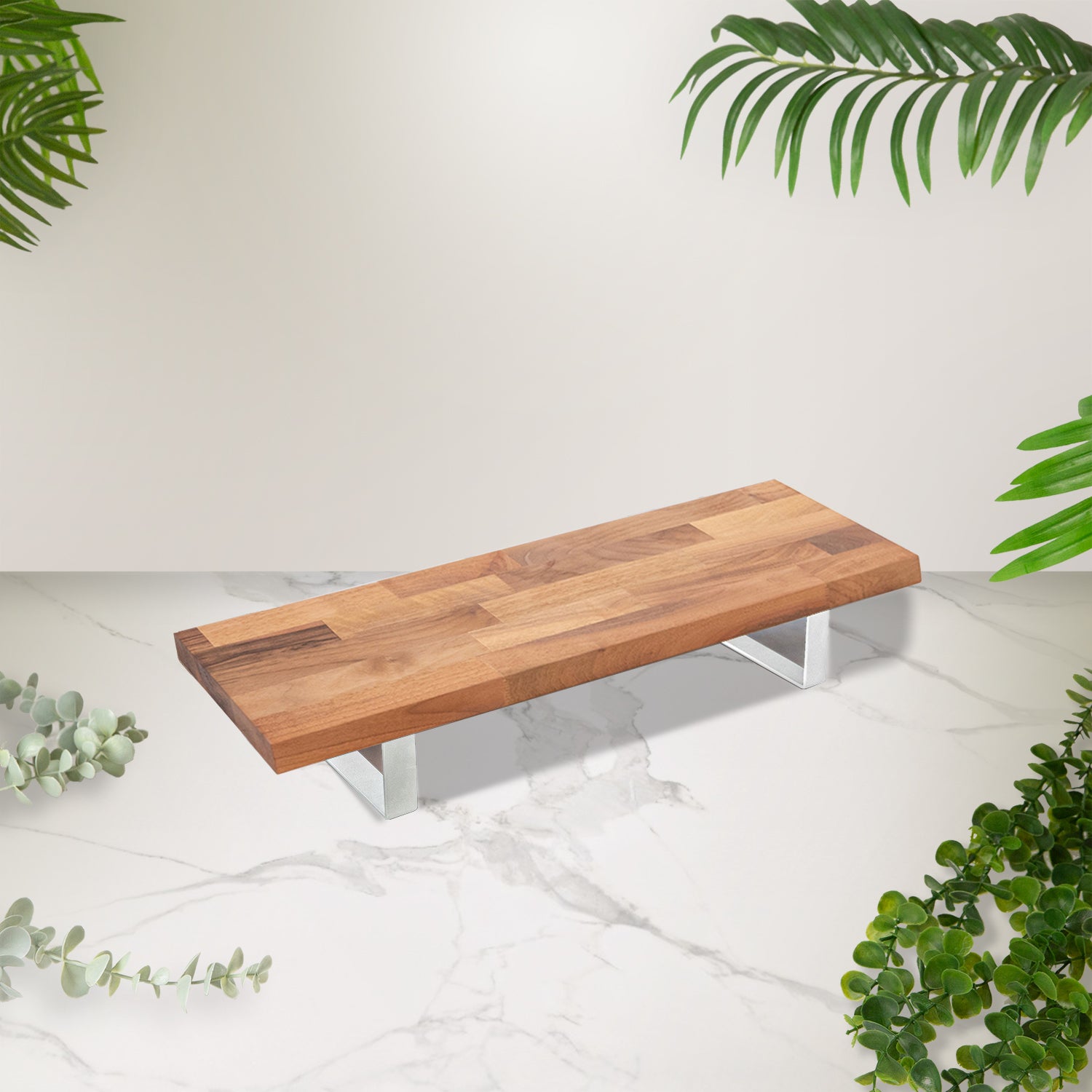 Walnut Solid Wood Monitor Stand with White Metal Legs
