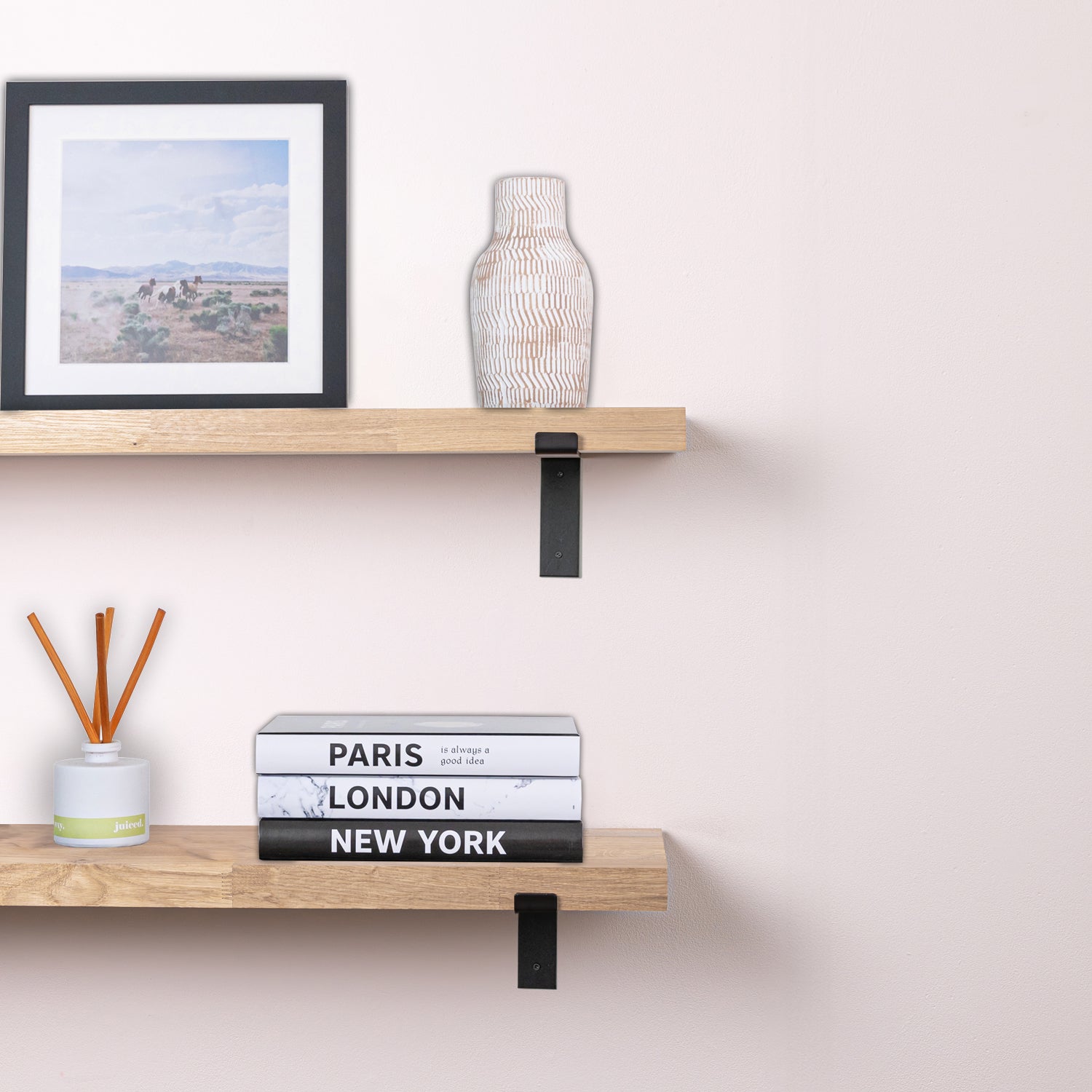 Solid Wood Oak Shelves 40mm (Sanded) with Down-Style Powder-Coated Cast Iron Brackets