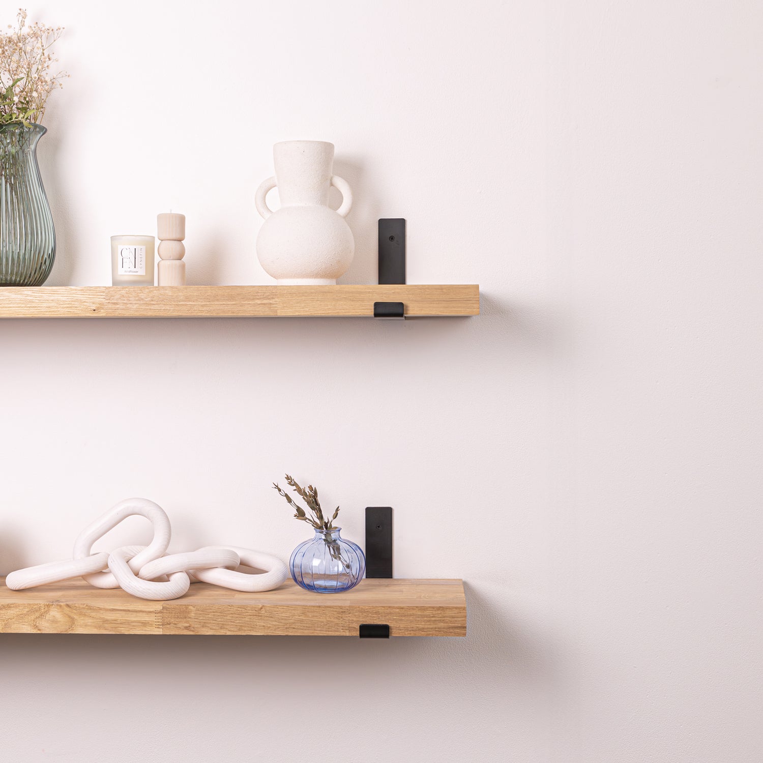 Solid Wood Oak Shelves 40mm (Sanded) with Powder-Coated Cast Iron Brackets
