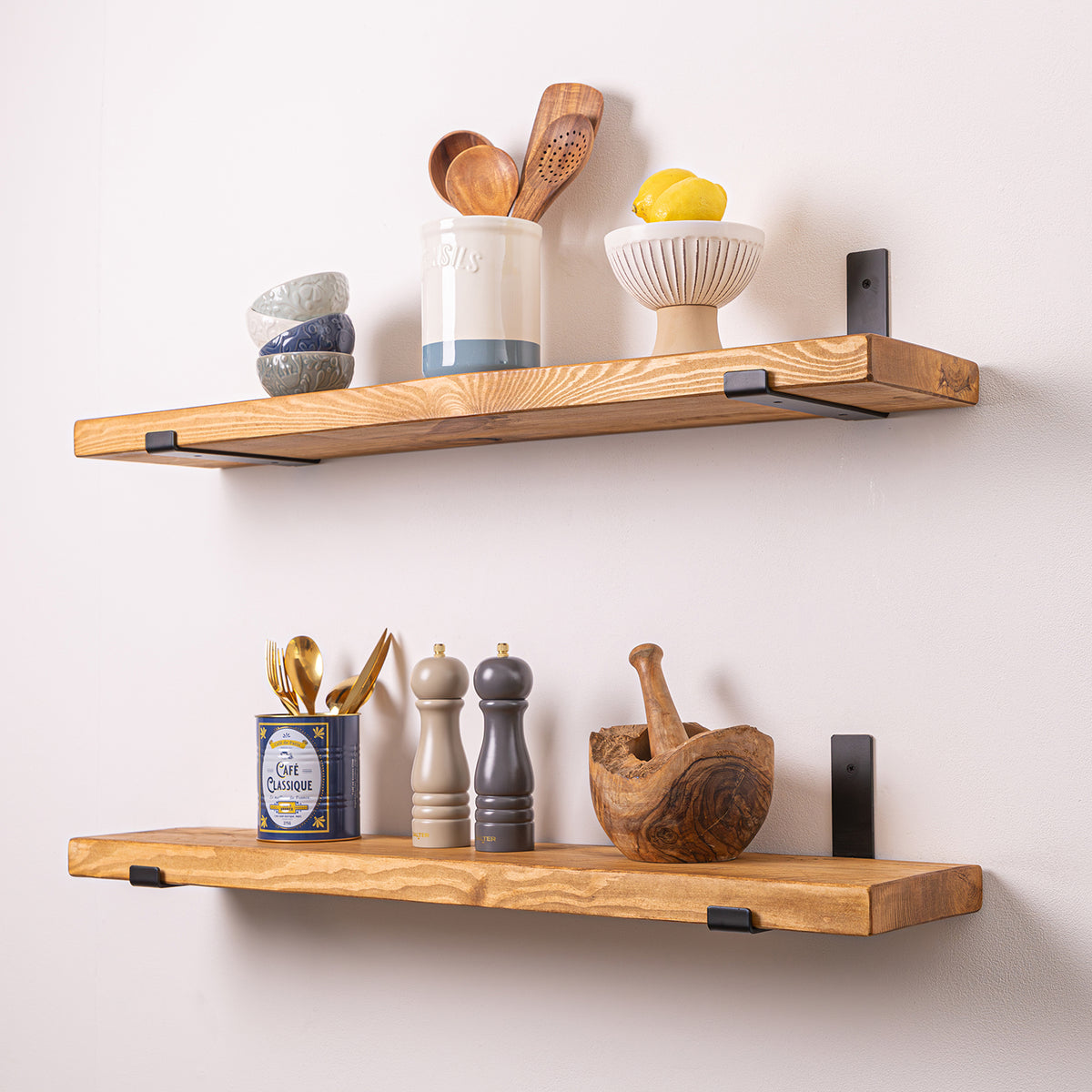 Solid Wood Shelf - Rustic Pine with Black Up-Style Scaffolding Bracket