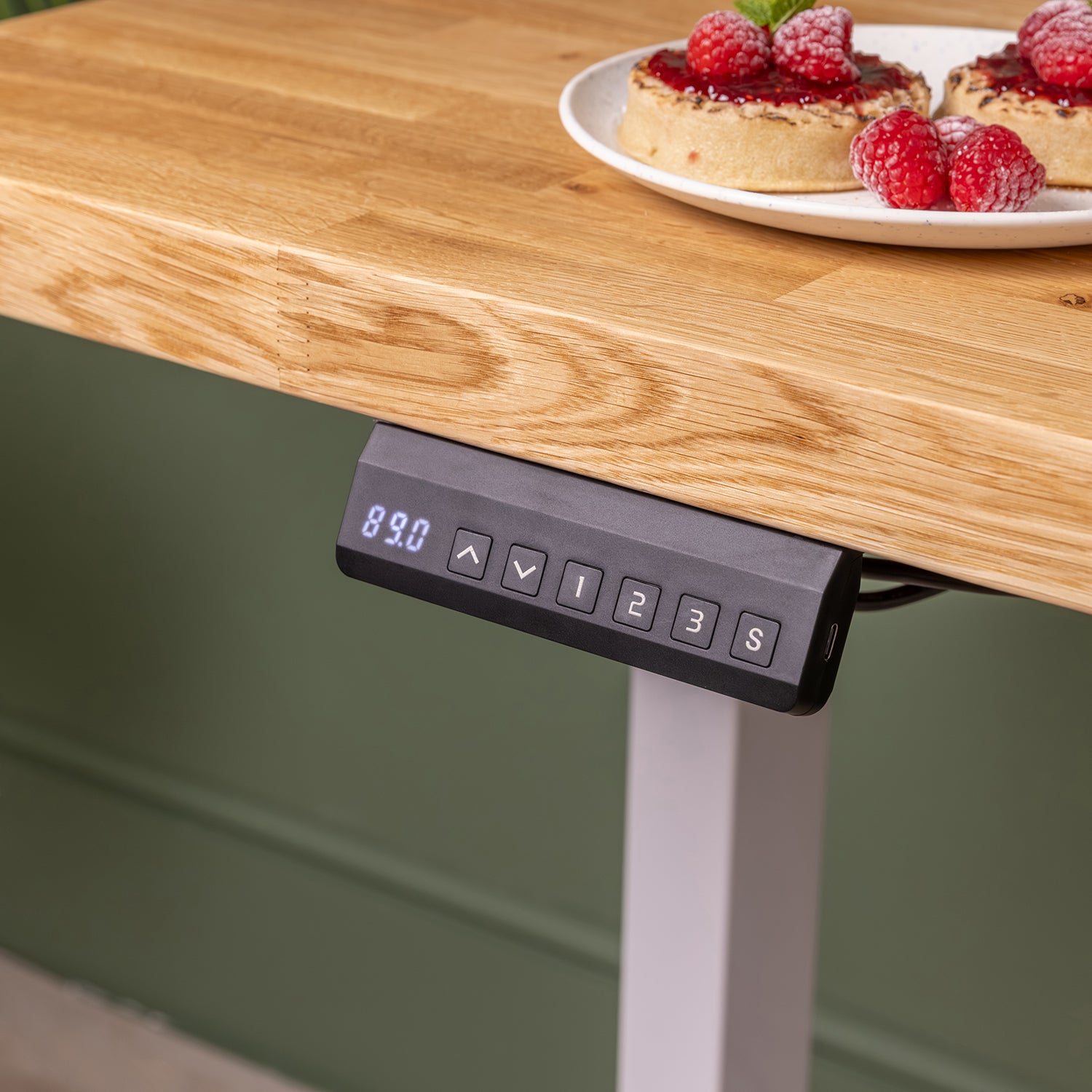 White Sit Stand Electric Desk with Oak Wooden Desktop