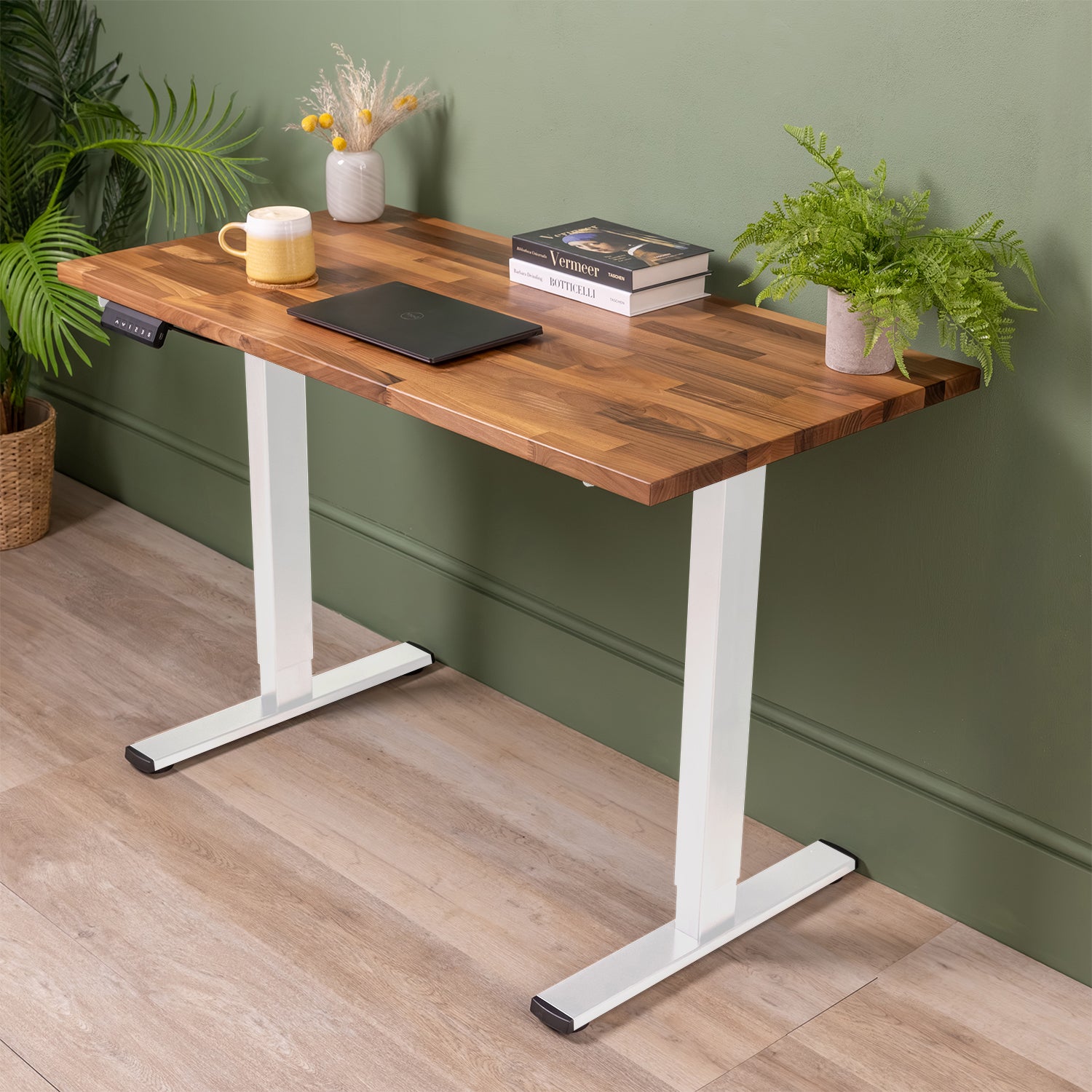 White Sit Stand Electric Desk with Walnut Wooden Desktop | 1200mm x 600mm