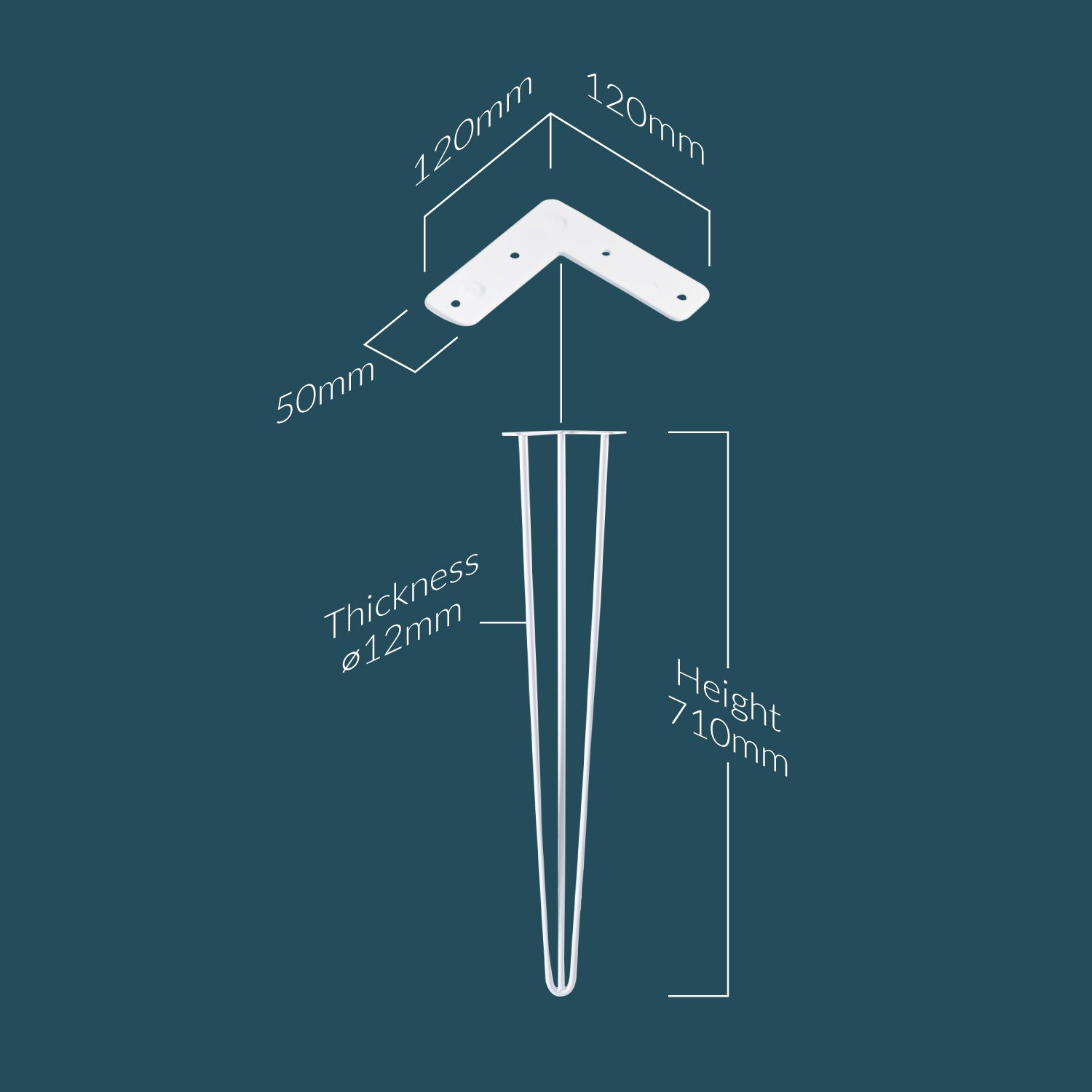 White Hairpin Leg 3 Shoulders 71cm - Dimensions