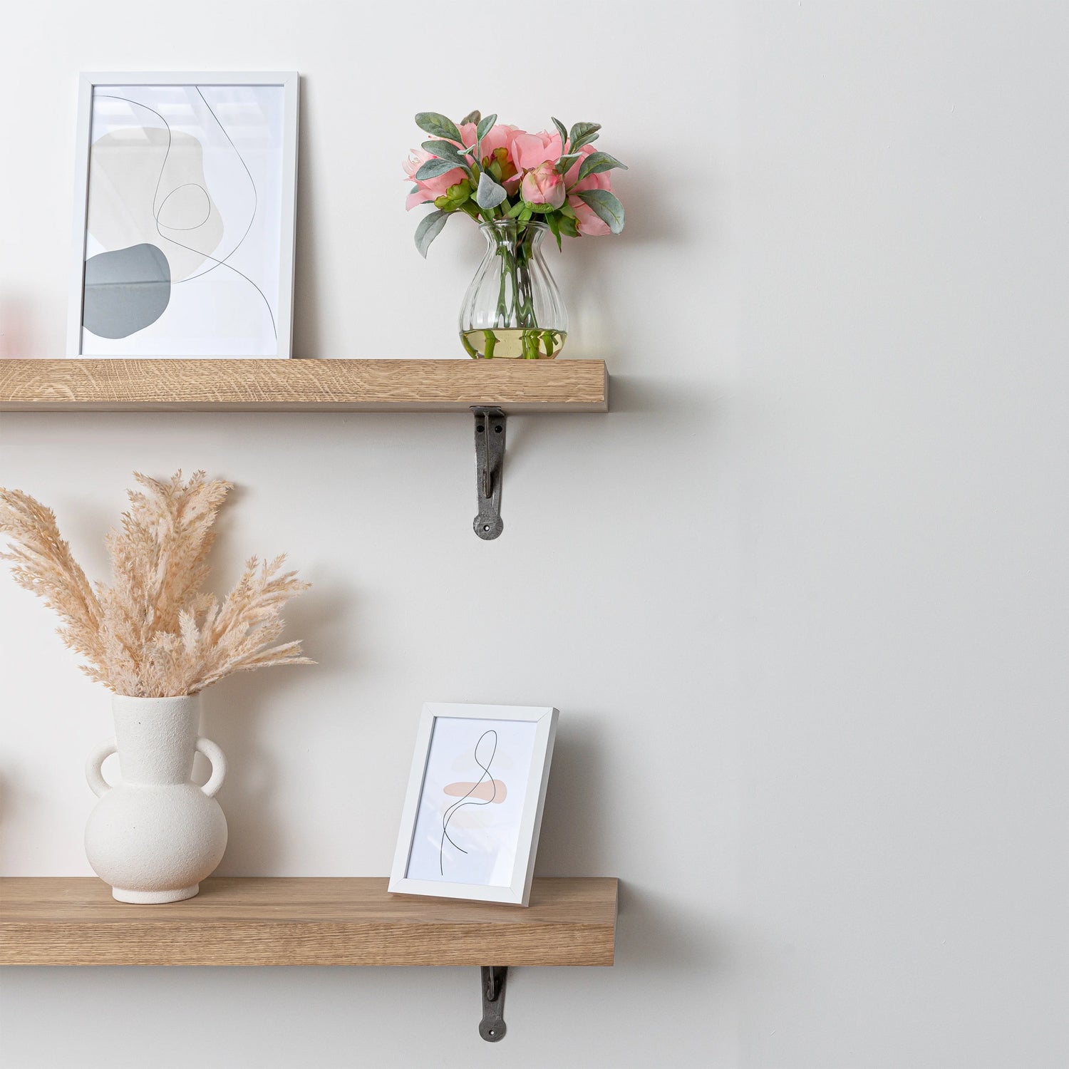 40mm Prime Oak Plank Shelves (Sanded) with Hand-Forged Iron Brackets