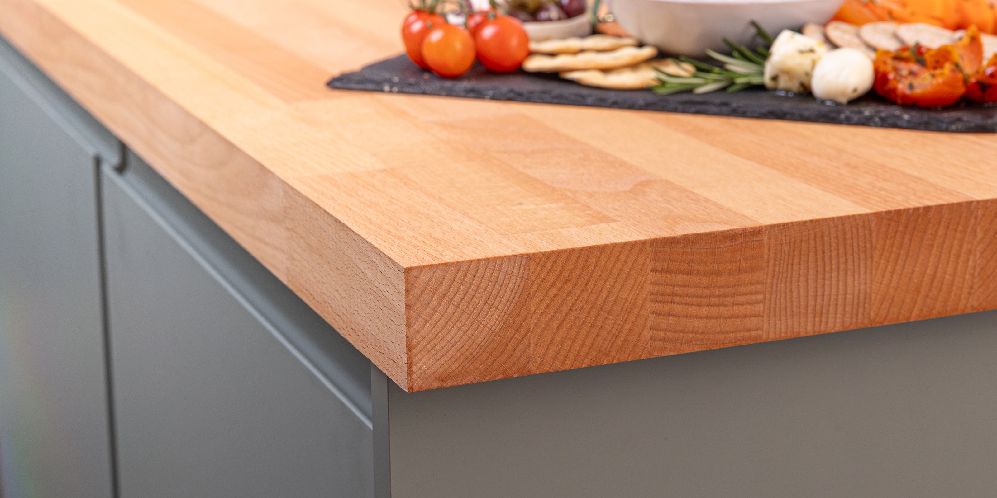 Solid prime beech worktop showing corner and end grain.