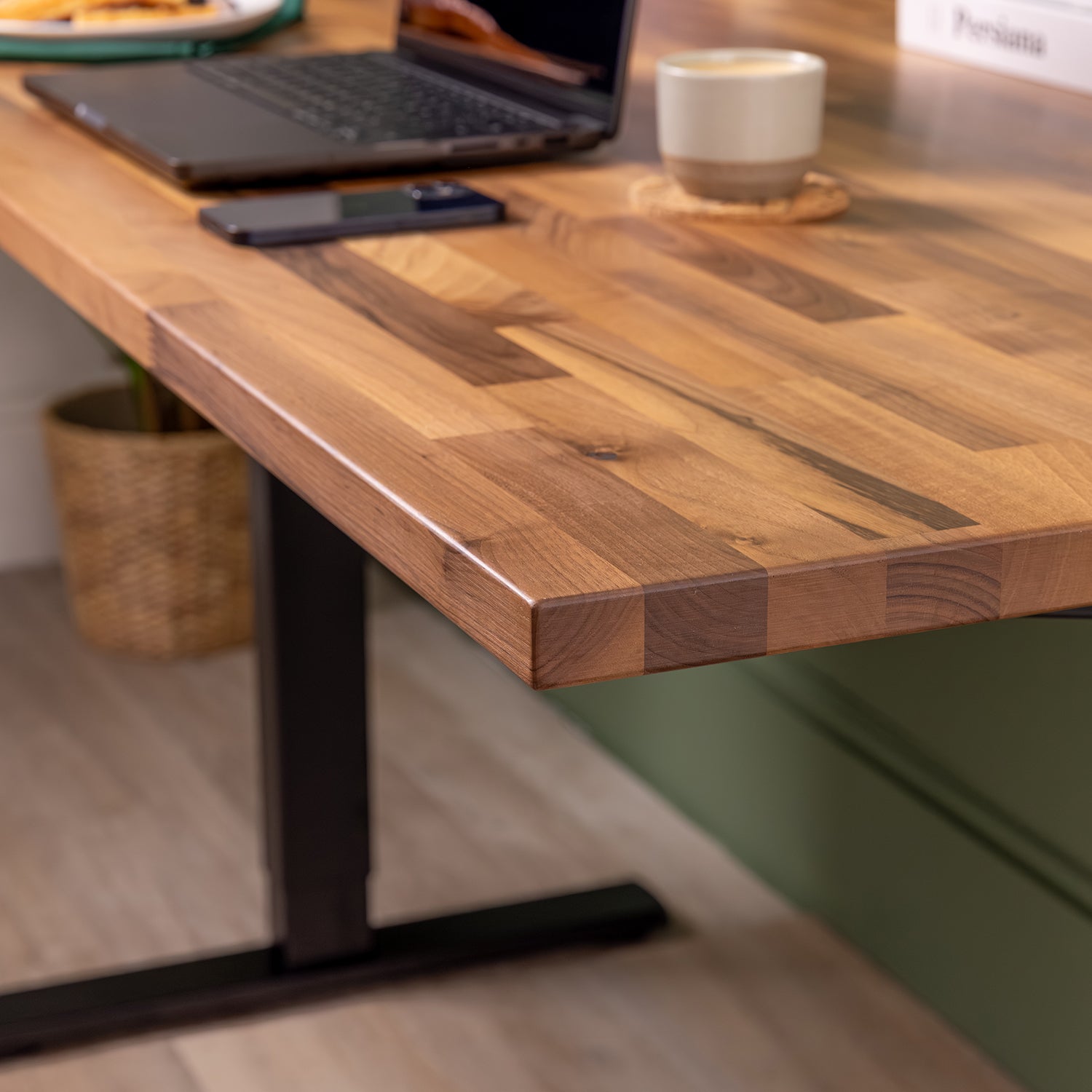 Black Sit Stand Electric Desk with Walnut Wooden Desktop