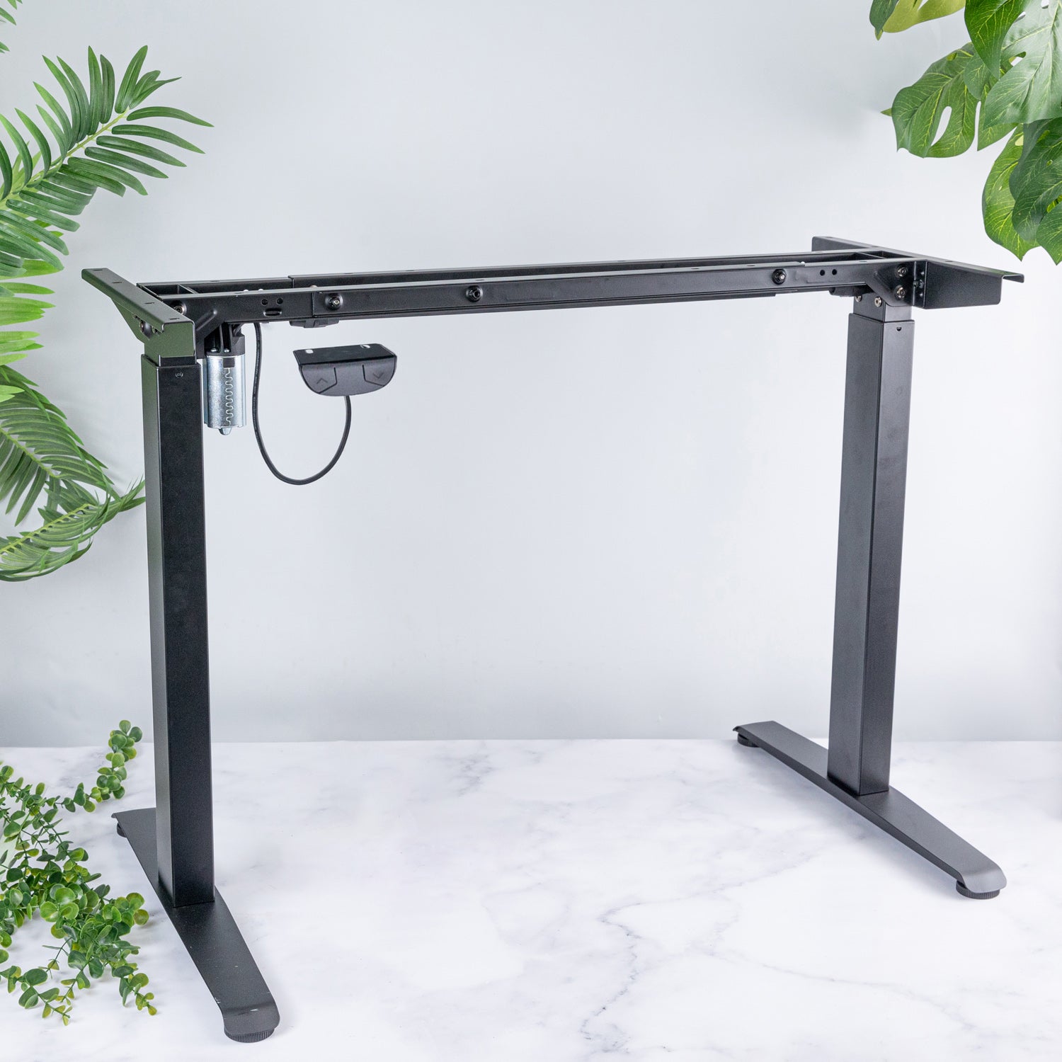 Black Metal Frame Sit Stand Desk Adjustable Standing Desk Black Wooden Desktop