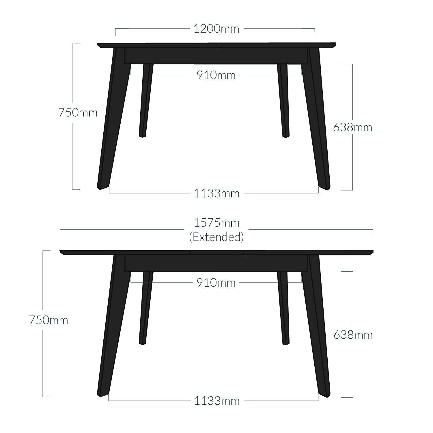 Measurements of the 1200mm wide black solid wood extending dining table, including the measurements when expanded to 1575mm.