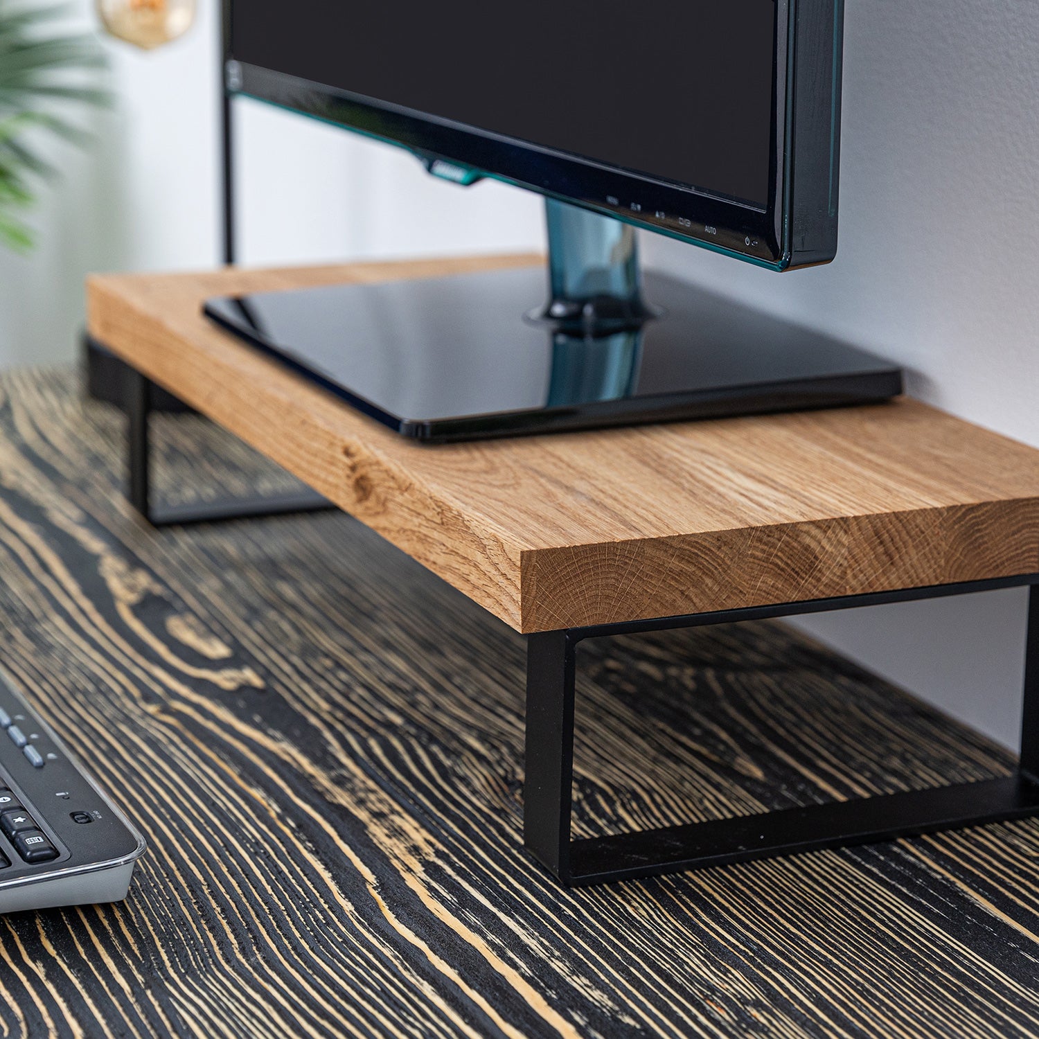 Black Wooden Sit Stand Desk with Solid Oak Desk Shelf / Riser