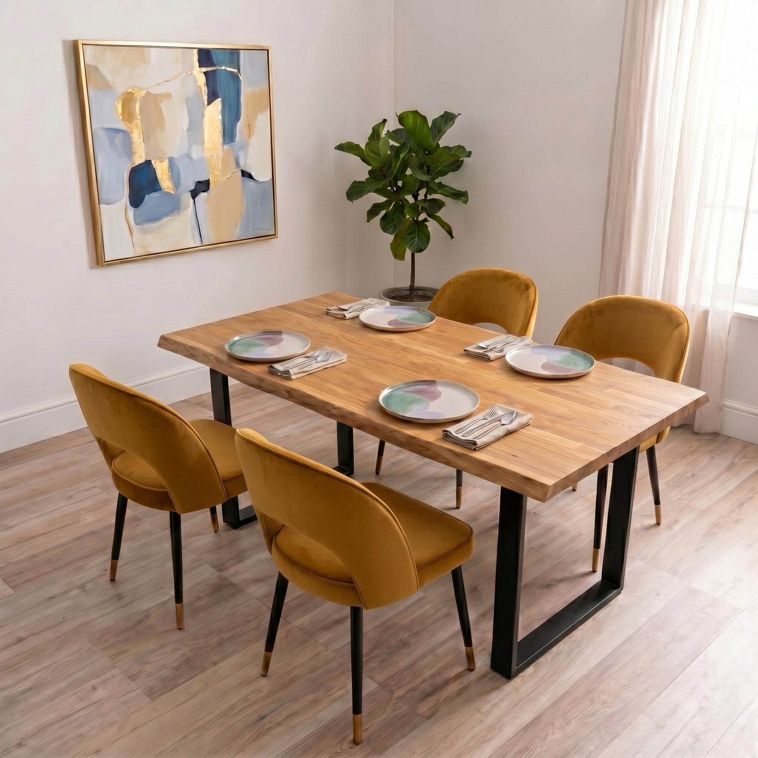 A curved velvet dining chair with a calm, sculptural feel