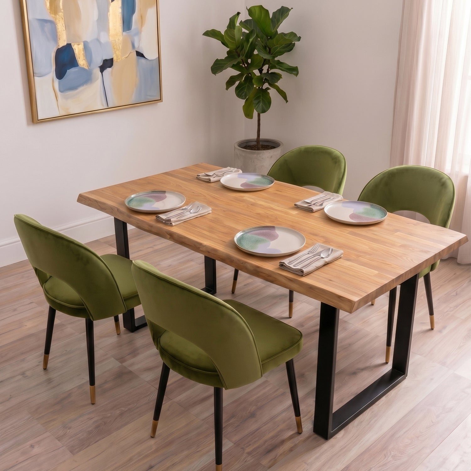A curved velvet dining chair with a calm, sculptural feel
