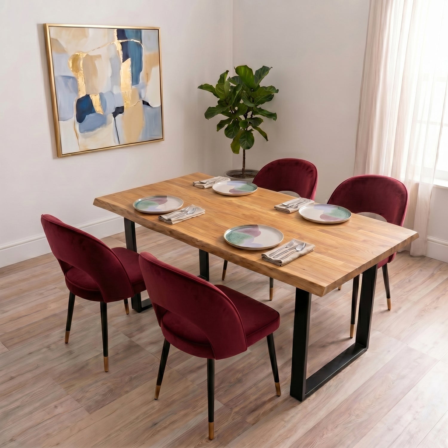 A curved velvet dining chair with a calm, sculptural feel