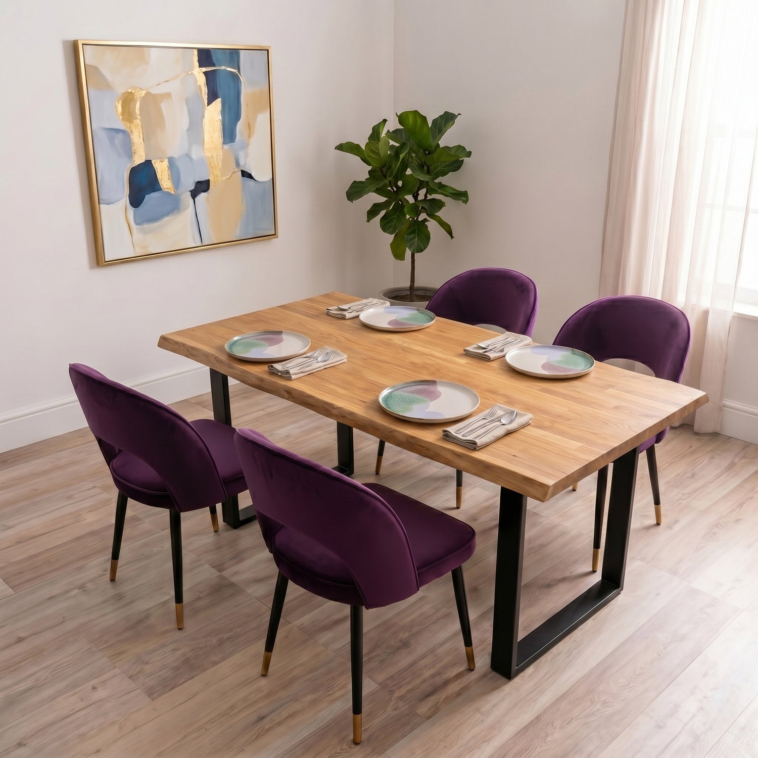 A curved velvet dining chair with a calm, sculptural feel