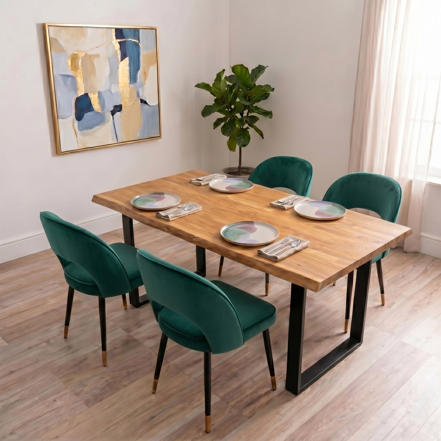 A curved velvet dining chair with a calm, sculptural feel