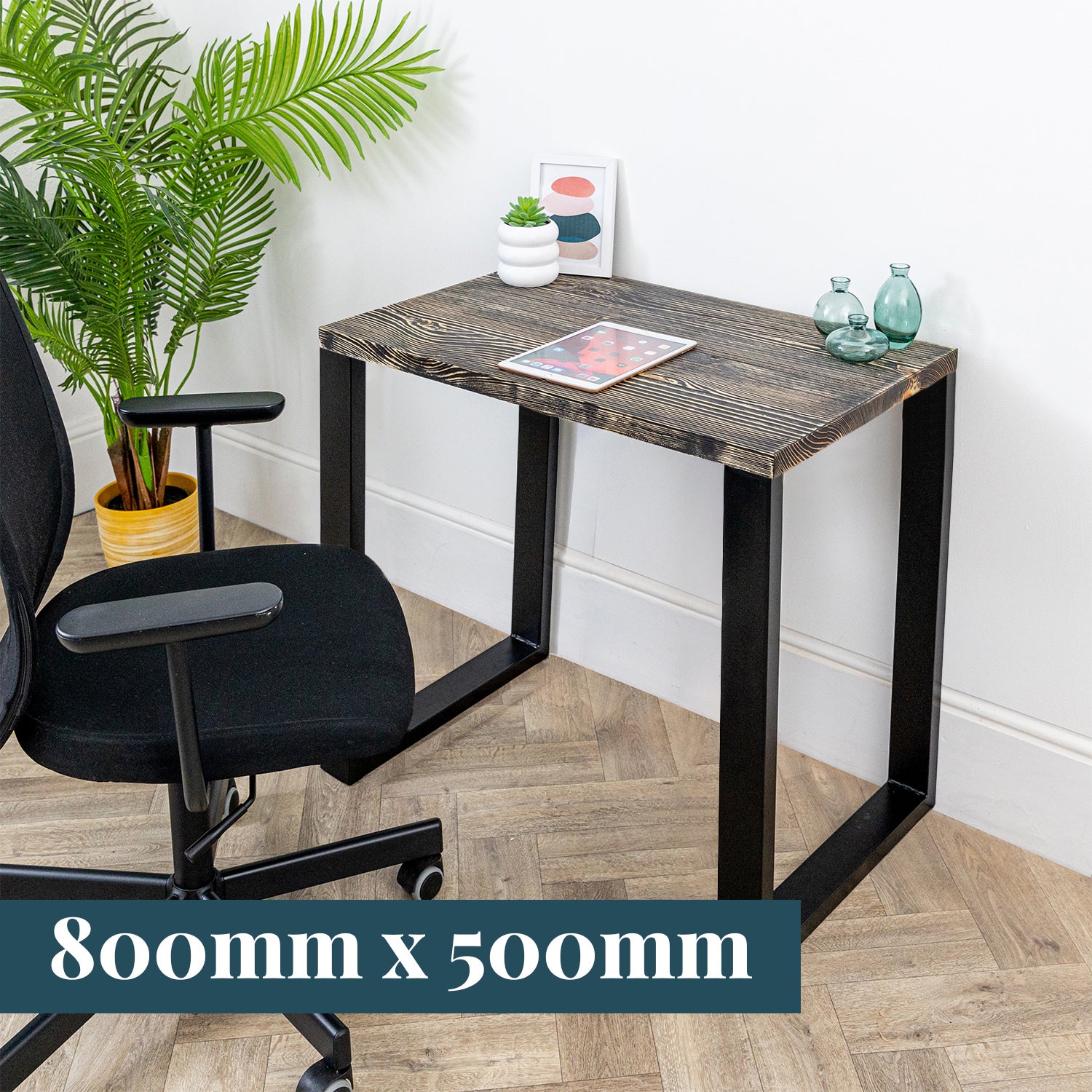 Dark Wood Desk with Square Metal Legs #length_800mm depth_500mm