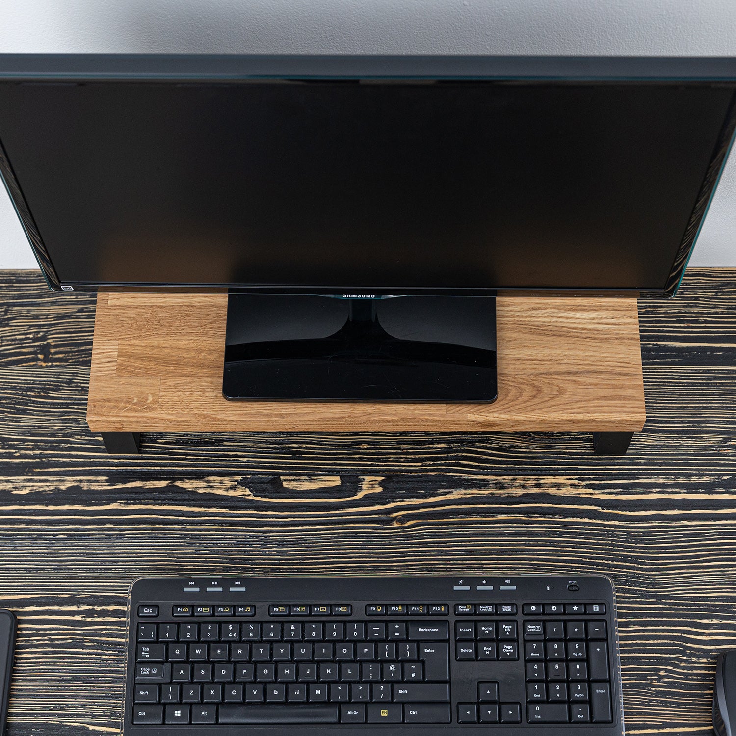 Dark Wood Electric Height Adjustable Standing Desk with Oak Monitor Stand