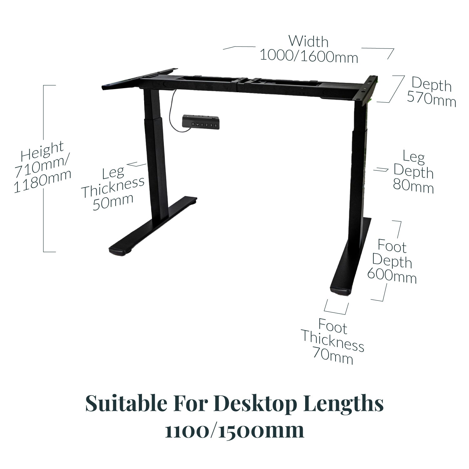 domli d2 Dual Motor Black Standing Desk Frame - Dimensions
