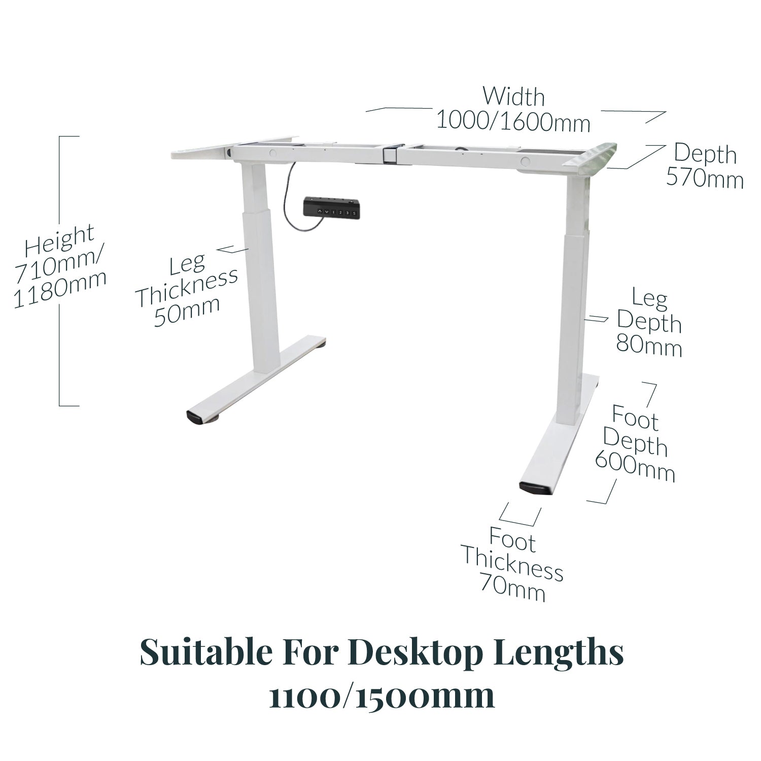 domli d2 Dual Motor White Standing Desk Frame - Dimensions