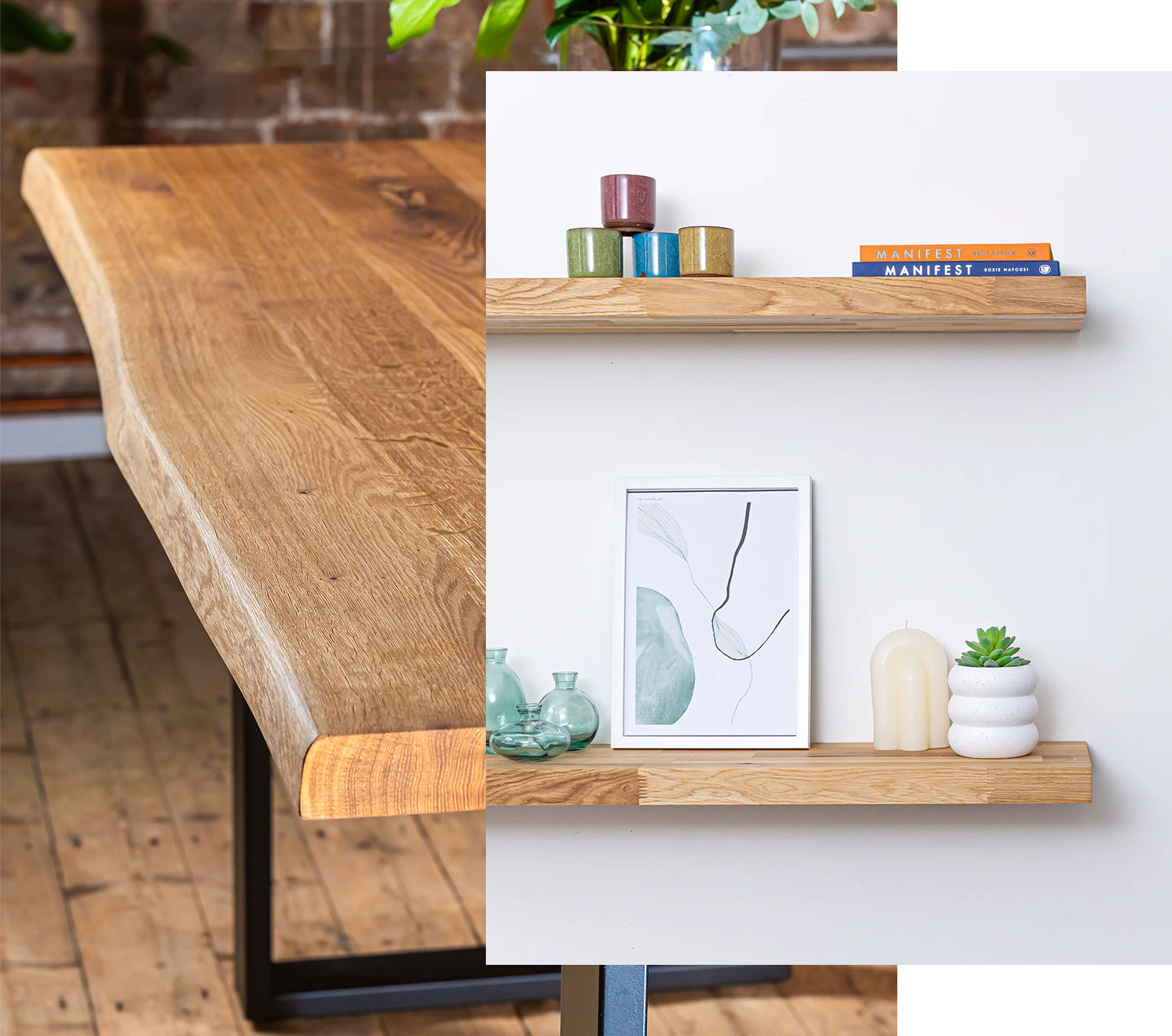 Solid oak live edge table with natural wood grain, shown alongside solid oak floating shelves.