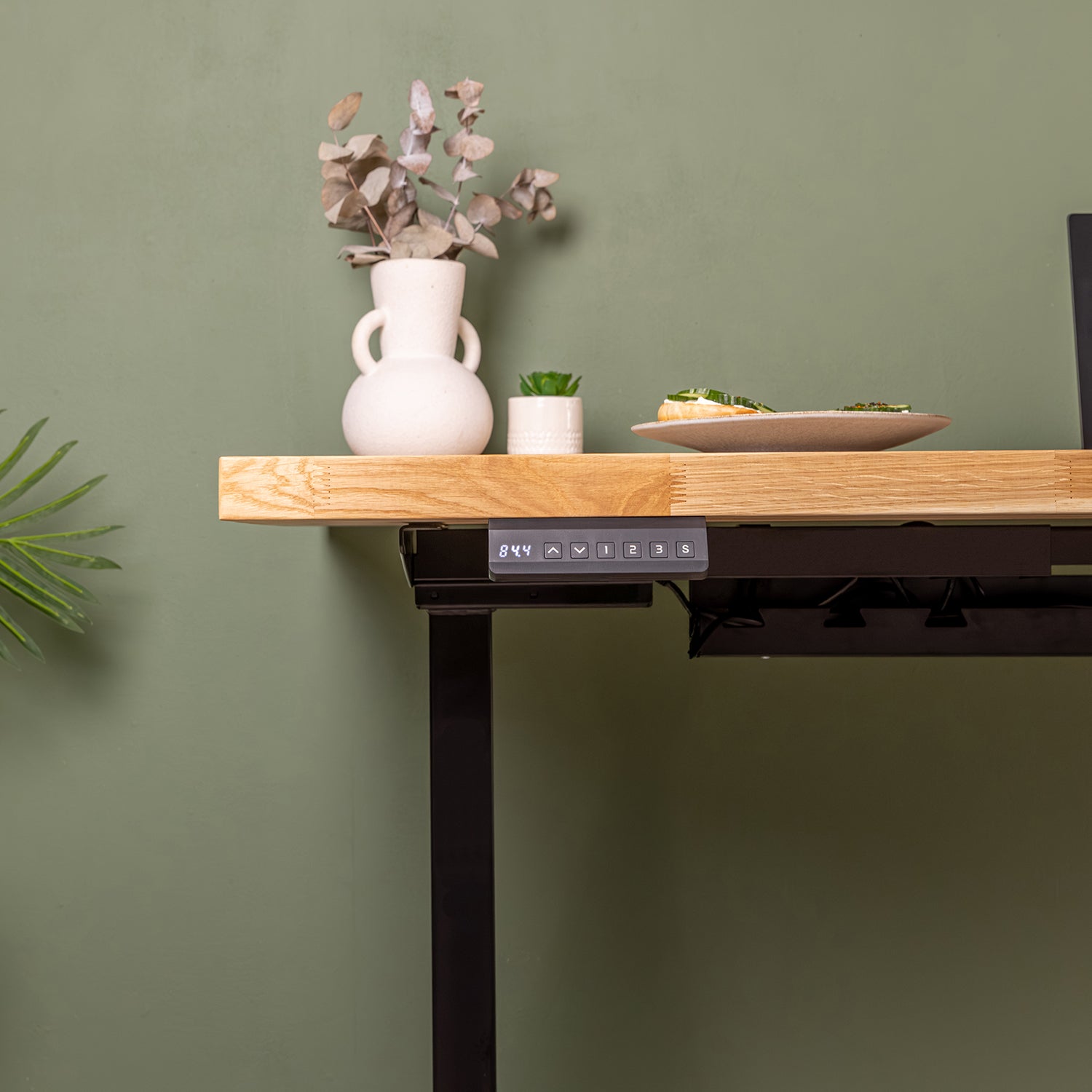 Dual Motor d2 Black Standing Desk with Oak Solid Wood Desktop