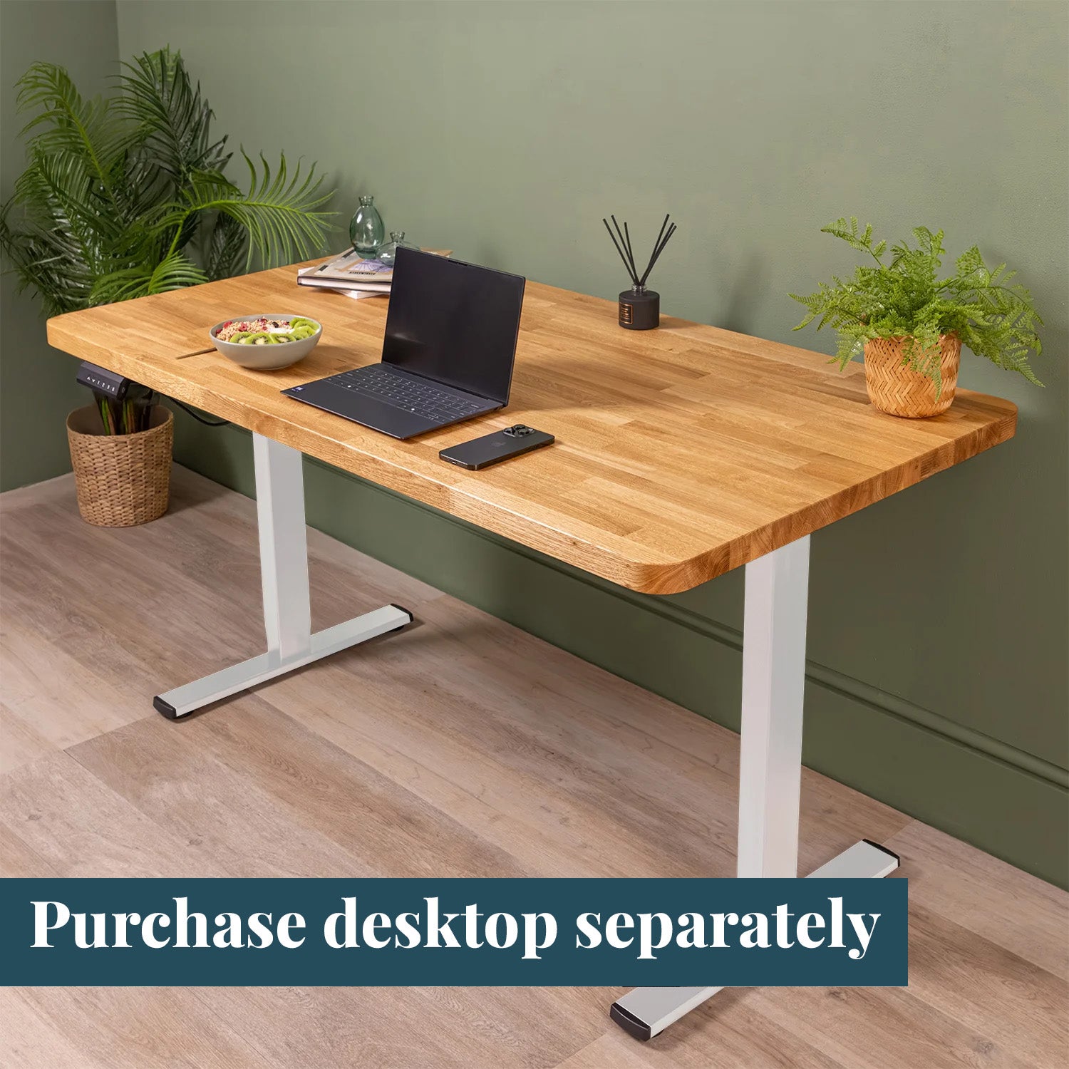 domli d2 Dual Motor White Standing Desk Frame with Prime Oak Desktop