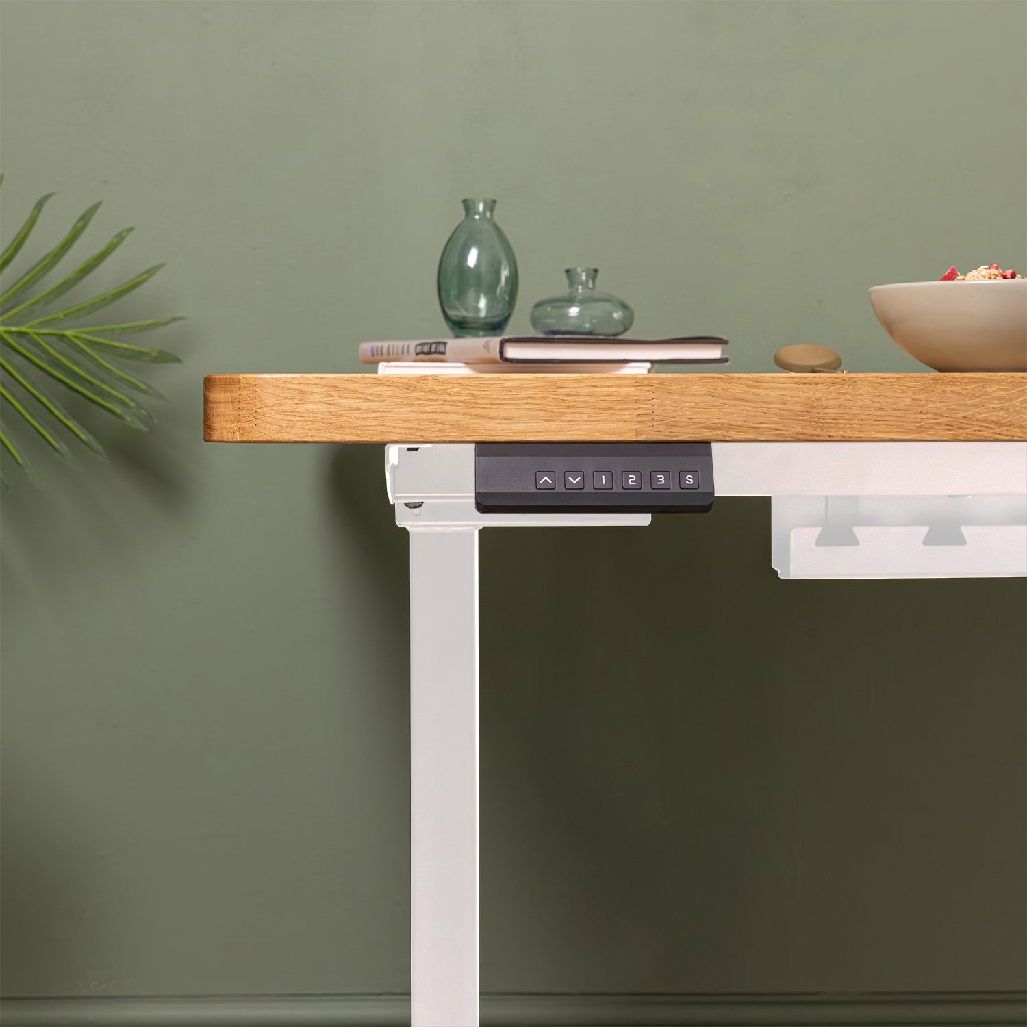Dual Motor d2 White Standing Desk with Prime Oak Solid Wood Rounded Desktop