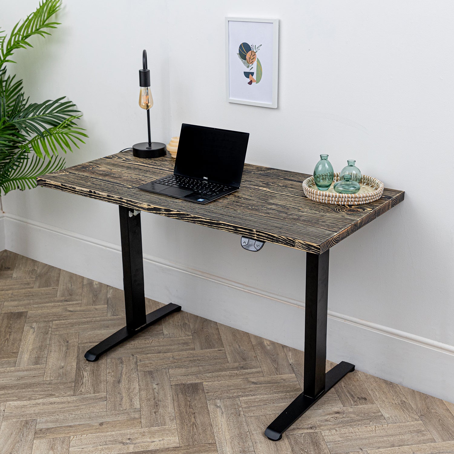 Electric Height Adjustable Standing Desk with Dark Wood Desktop