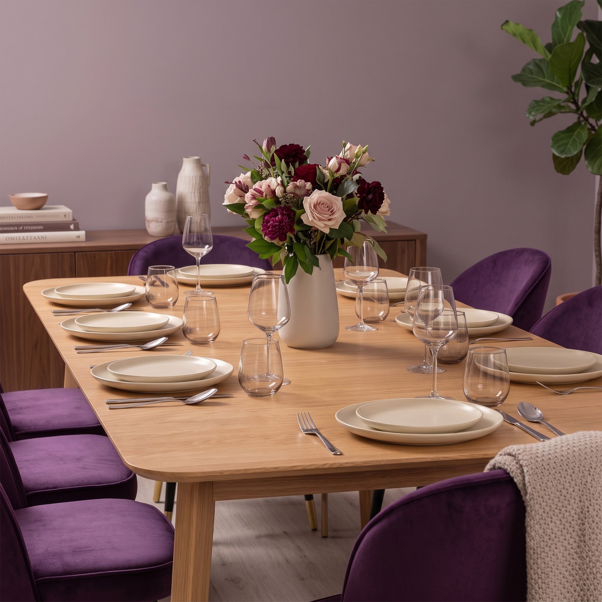 A wooden dining table set with white plates, wine glasses, and silverware, decorated with a white vase of pink and burgundy flowers. Purple upholstered chairs surround the table in a styled dining room setting.