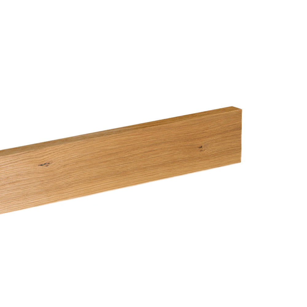 A full stave oak kitchen worktop upstand, shown diagonally on a plain white background.