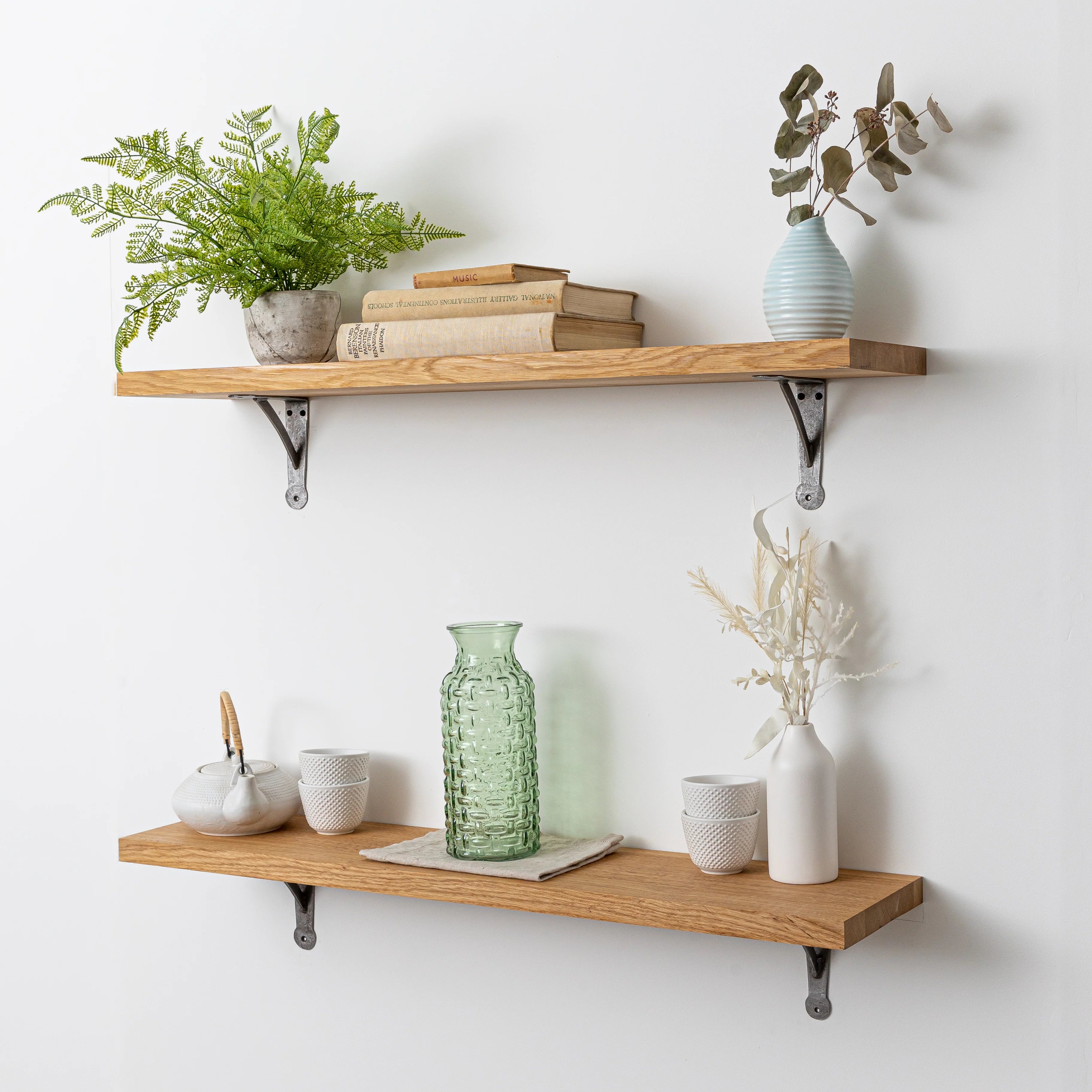 Full Stave Prime Oak Solid Wood Shelf - 27mm thick with Antique Iron Hand-Forged Gallows Shelf Brackets