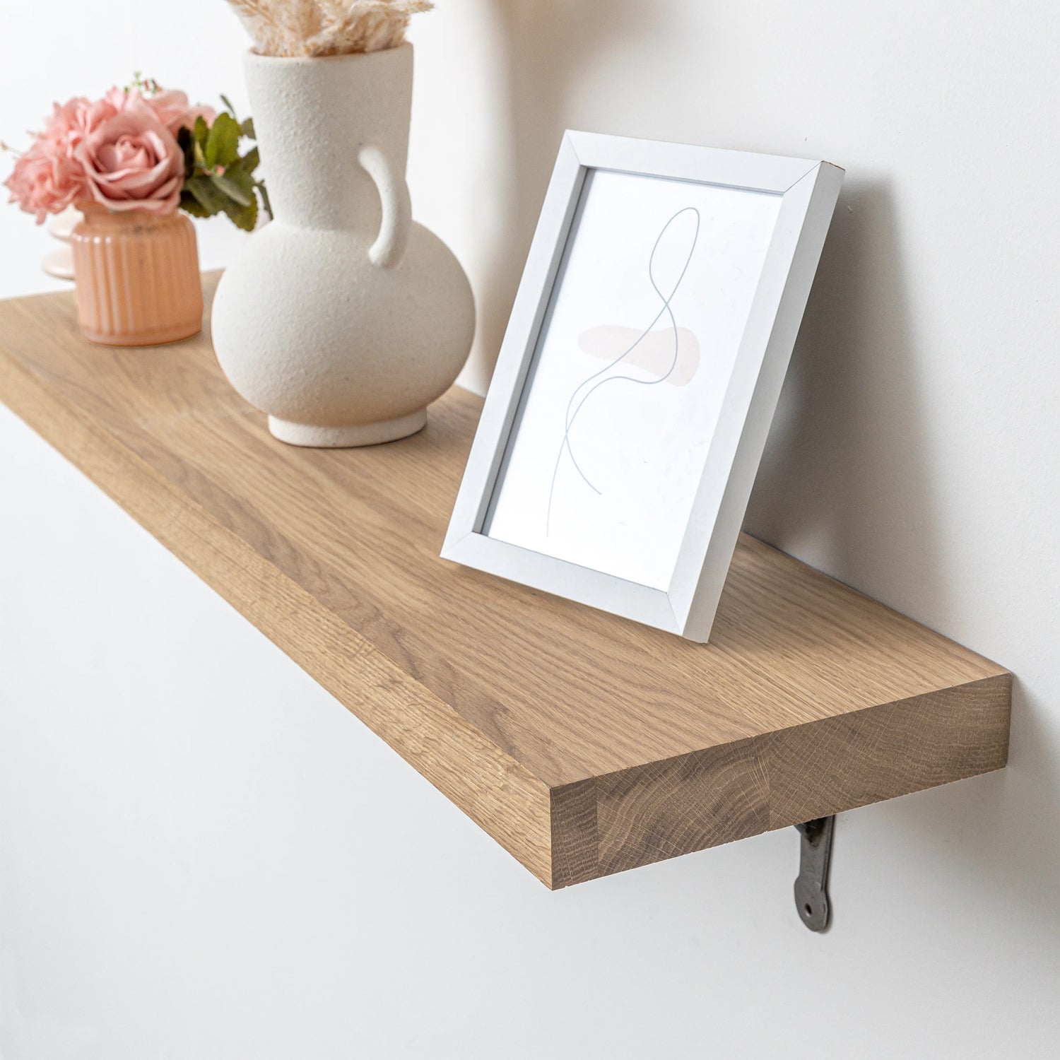 Full Stave Prime Oak Solid Wood Shelf (Sanded) - 40mm thick with Antique Iron Hand-Forged Gallows Shelf Brackets