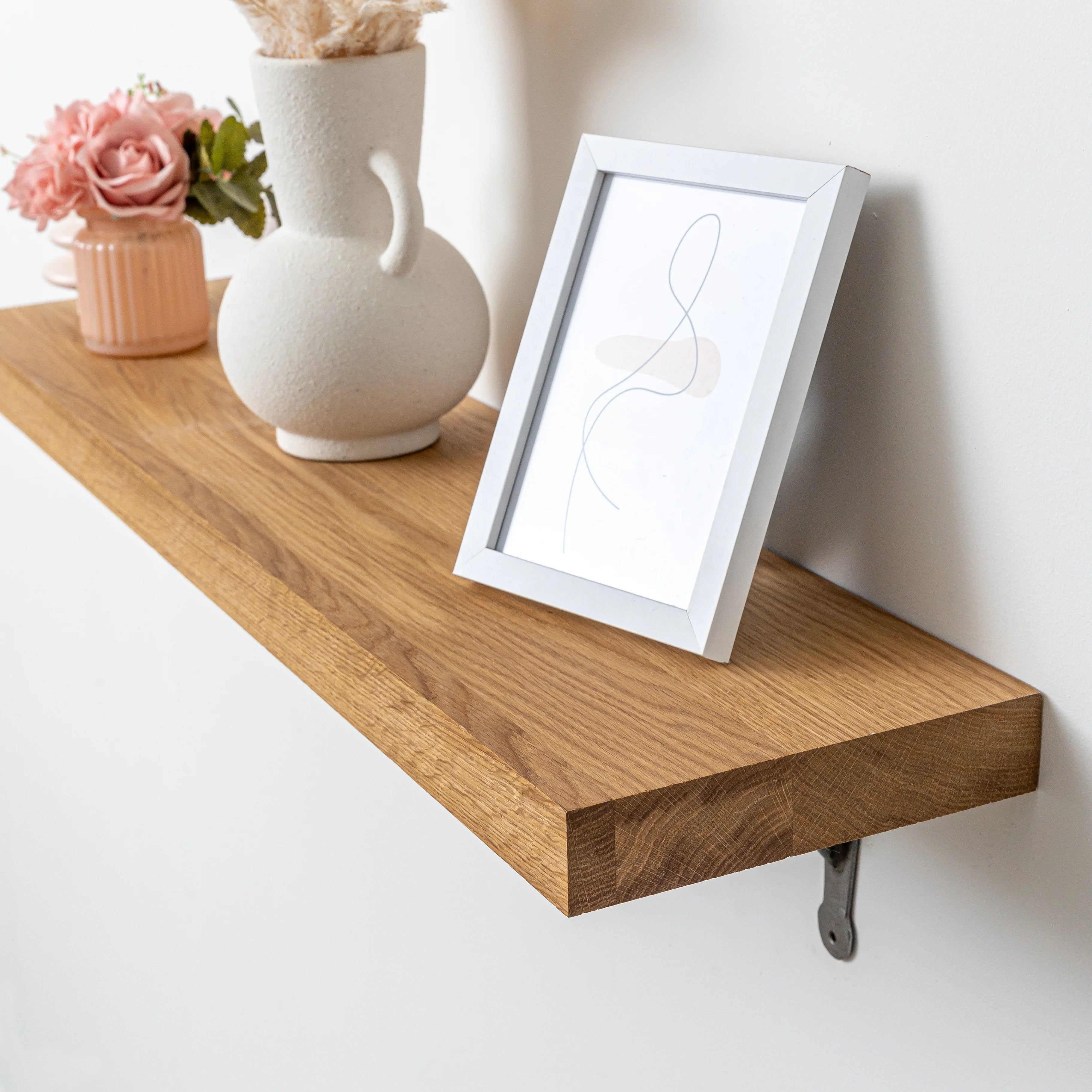 Full Stave Prime Oak Solid Wood Shelf - 40mm thick with Antique Iron Hand-Forged Gallows Shelf Brackets