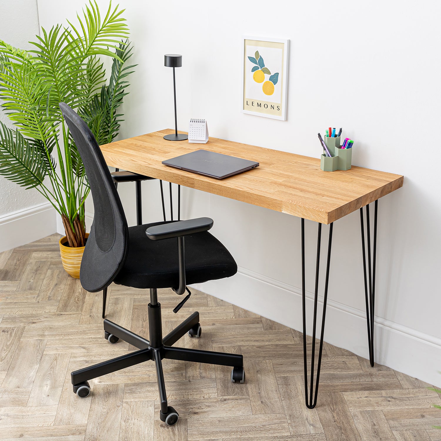 Oak Solid Wood Desk with Black Hairpin Legs - 40mm thick desktop | 1200mm x 500mm