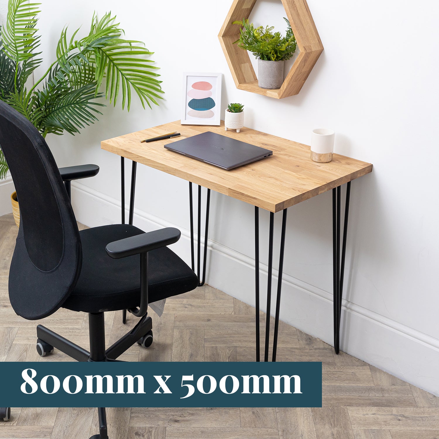 Oak Solid Wood Desk with Black Hairpin Legs - 27mm thick desktop #length_800mm depth_500mm