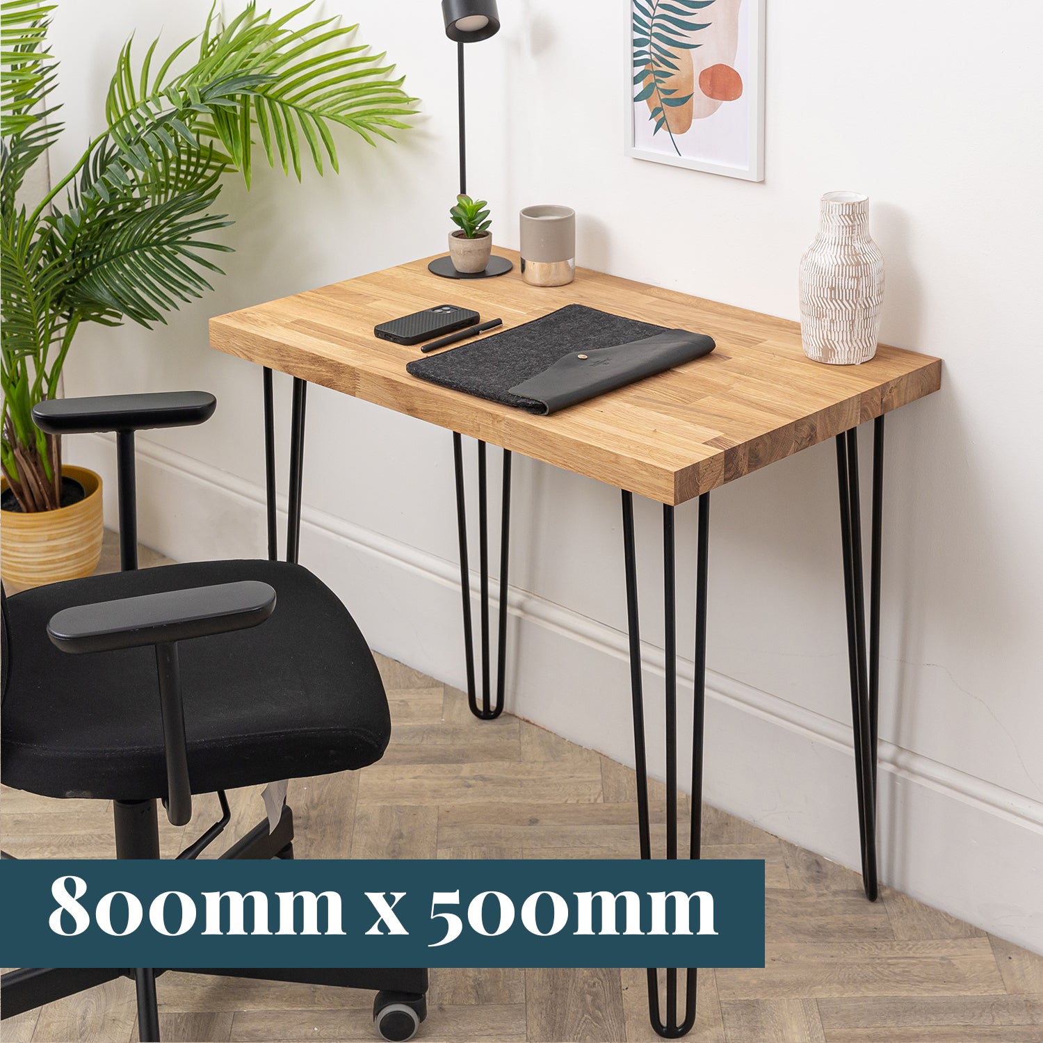 Oak Solid Wood Desk with Black Hairpin Legs - 40mm thick desktop #length_800mm depth_500mm
