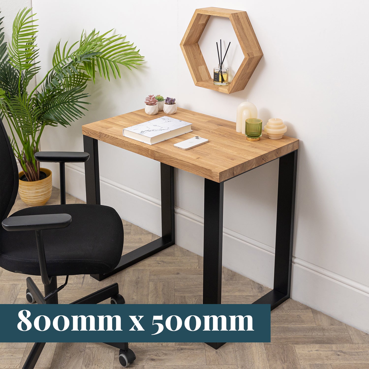 Oak Solid Wood Desk with Square Metal Legs - 40mm thick desktop #length_800mm depth_500mm