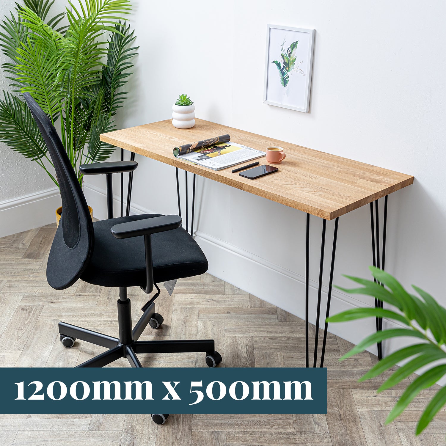 Oak Solid Wood Desk with Black Hairpin Legs - 27mm thick desktop #length_1200mm depth_500mm