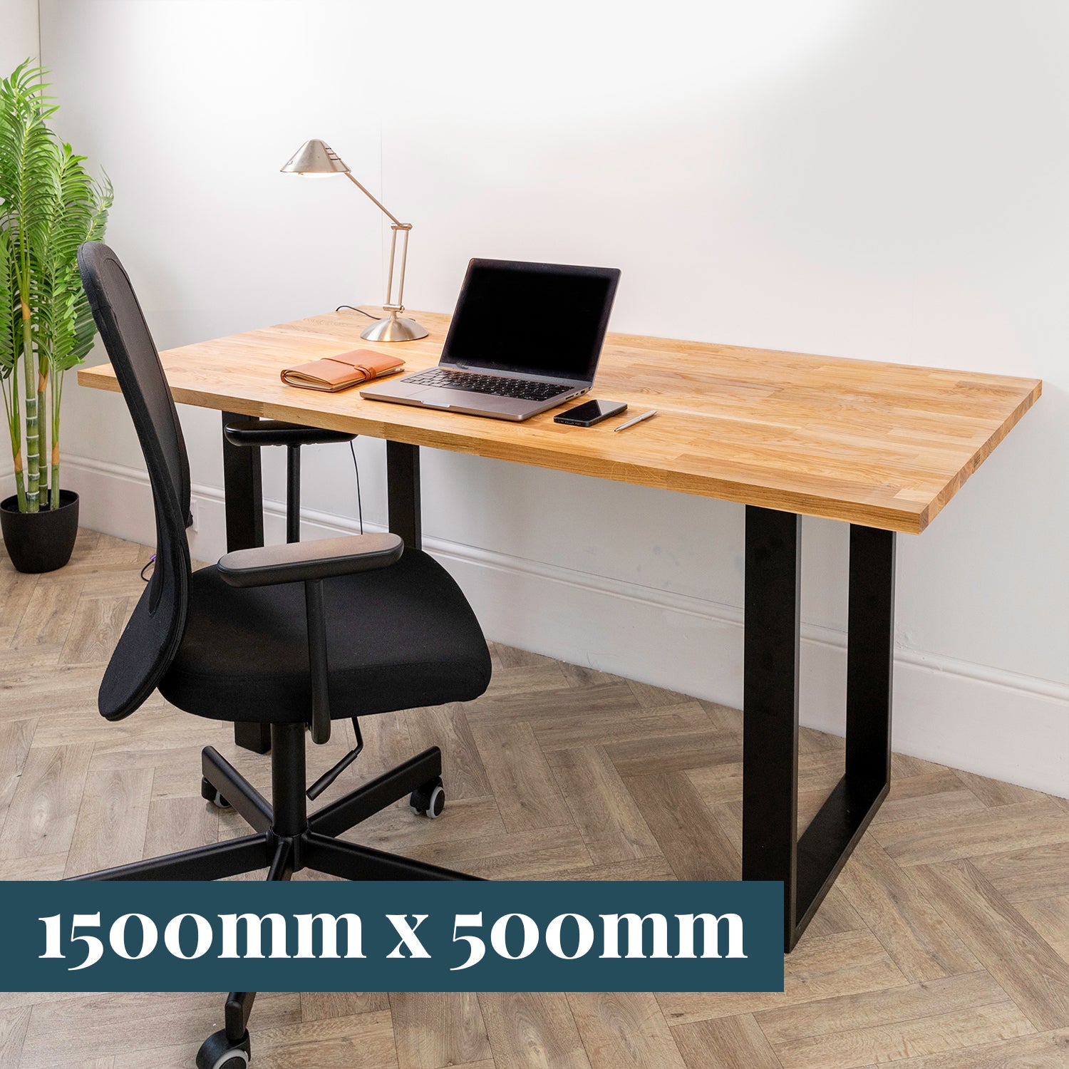 Oak Solid Wood Desk with Square Metal Legs - 27mm thick desktop #length_1500mm depth_500mm