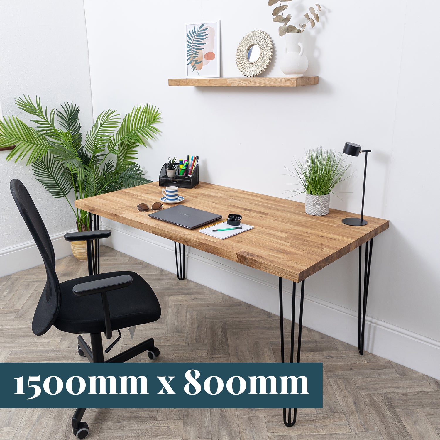 Oak Solid Wood Desk with Black Hairpin Legs - 40mm thick desktop #length_1500mm depth_800mm