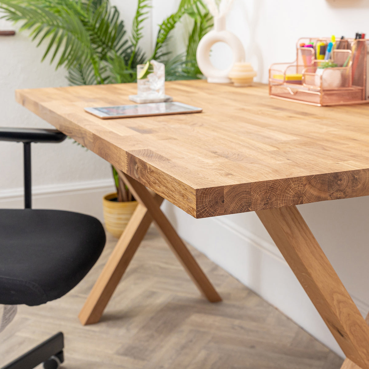Real Desk Oak Solid Wood Desk With Wooden X Legs - 40mm Thick Desktop