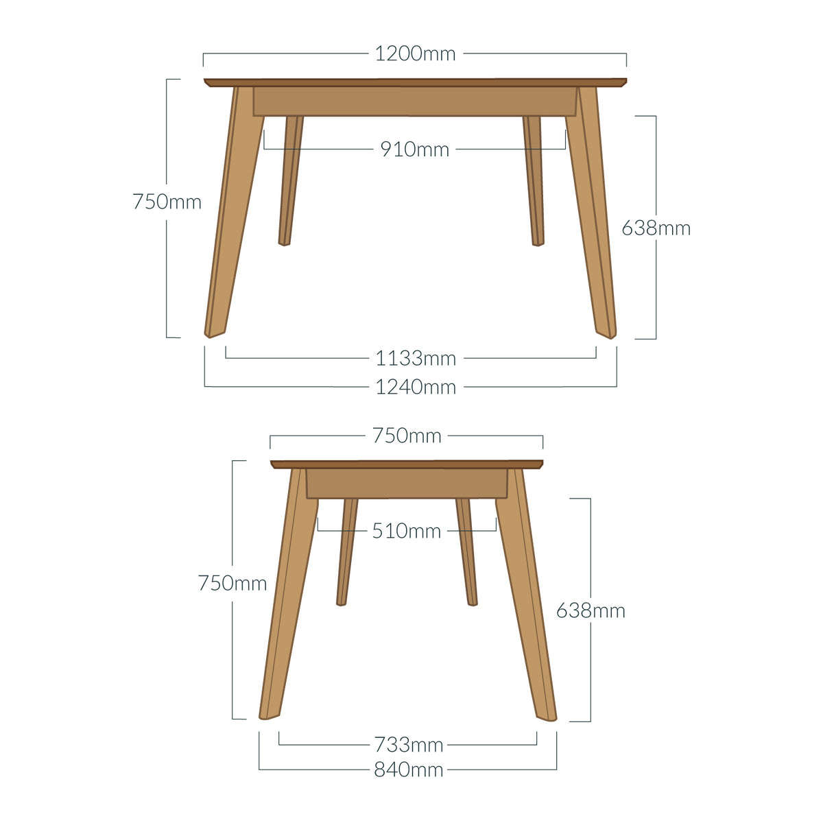 A technical dimension diagram of the Otti solid oak dining table shown from two sides, with multiple measurements labeled in millimeters on a white background.