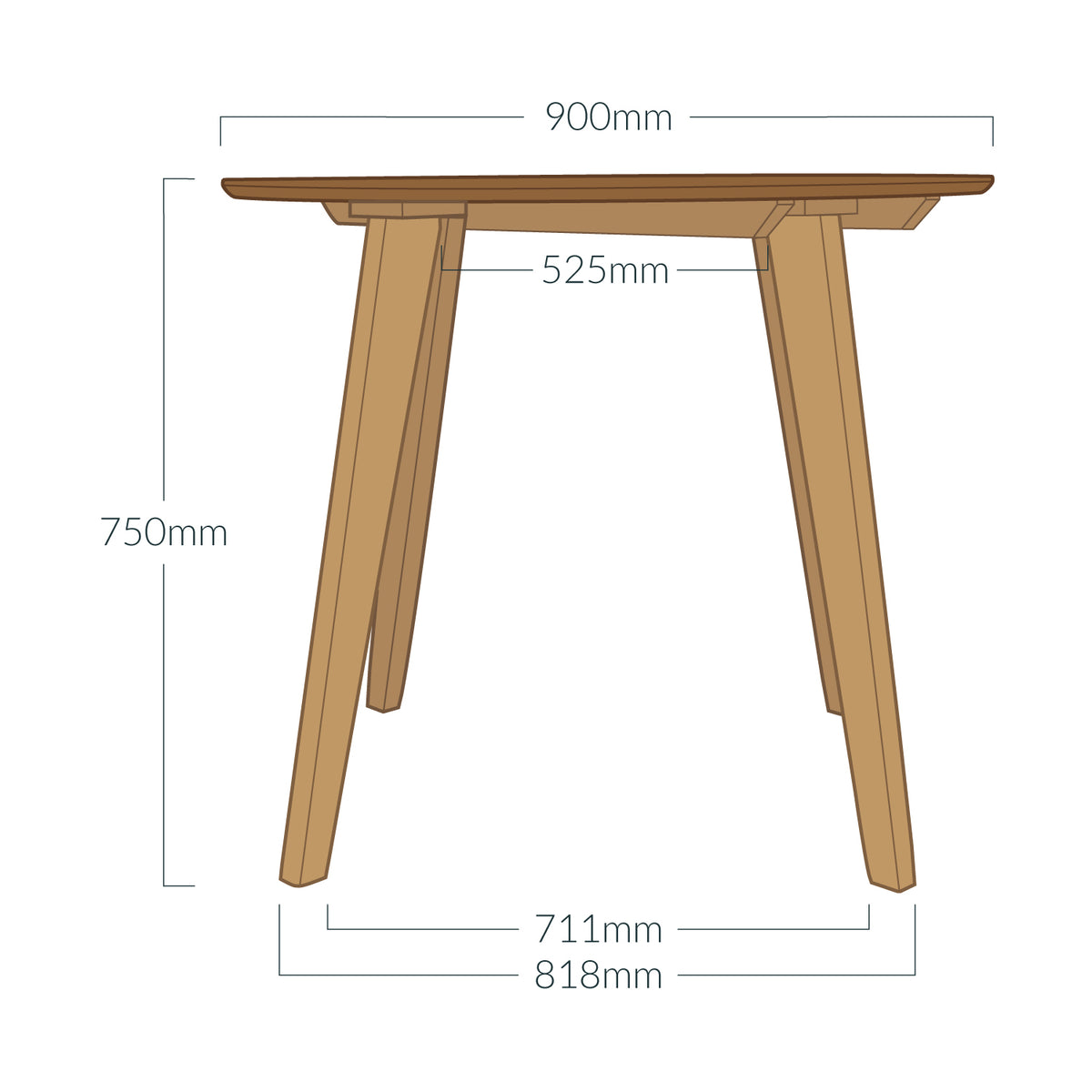 An Otti solid oak round dining table side-view dimension diagram with measurements labeled 900mm diameter top, 750mm height, 525mm top inner leg spread, 711mm bottom inner leg spread, and 818mm outer leg spread on a white background.