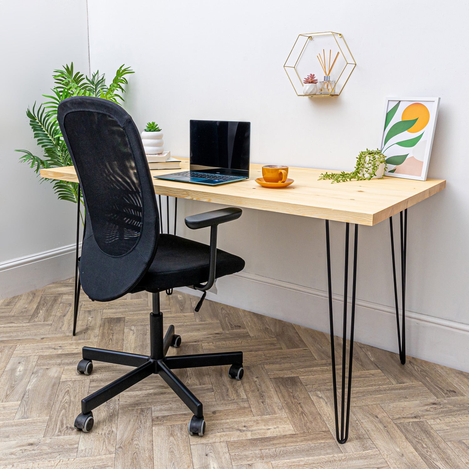 Pine Solid Wood Desk with Black Hairpin Legs