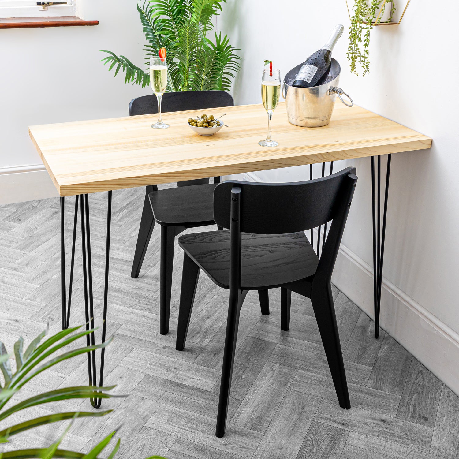 Pine Solid Wood Table with Black Hairpin Legs
