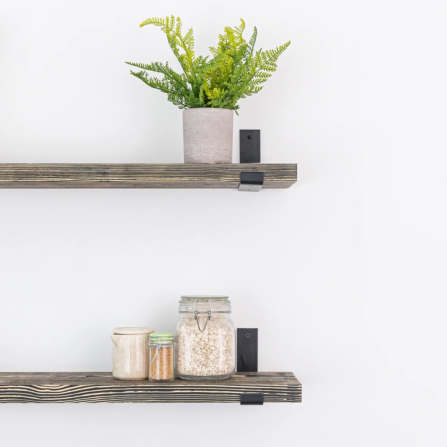 Pine Wall Shelves, Black with Powder Coated Cast Iron Brackets