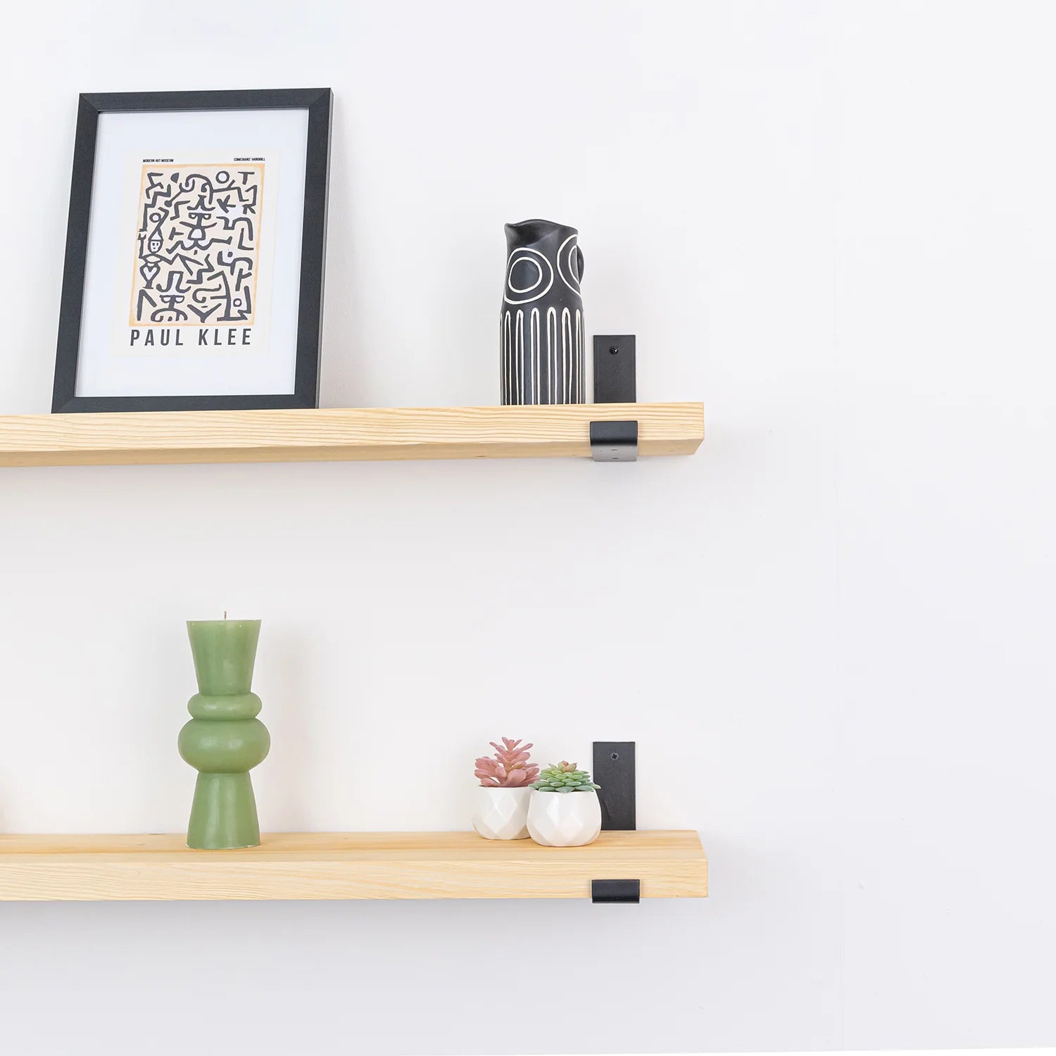 Pine Wall Shelves, Oiled with Powder Coated Cast Iron Brackets